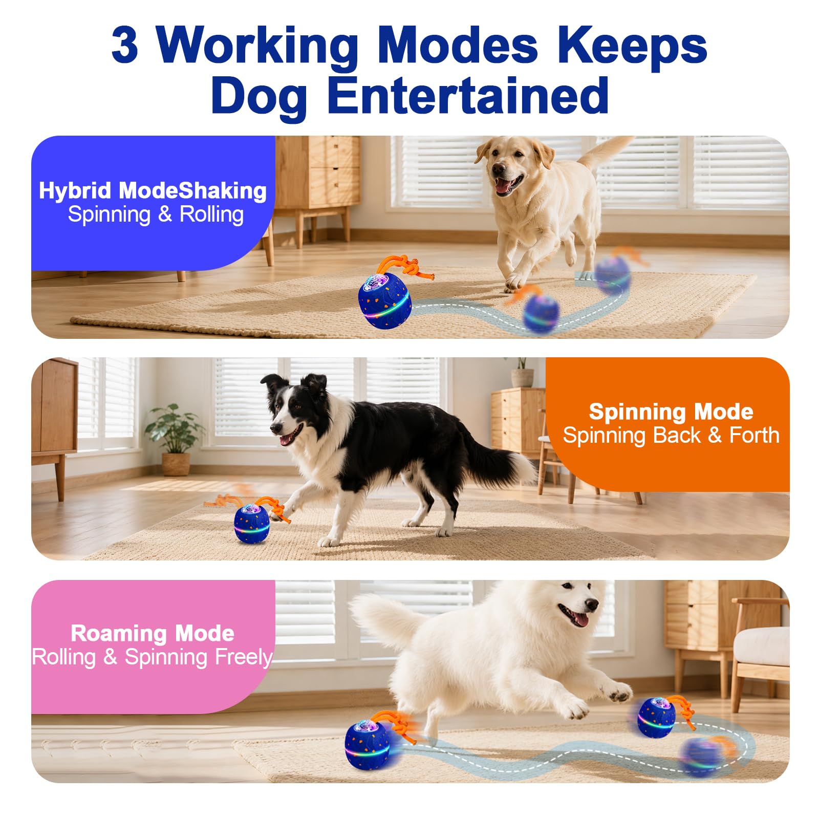 Palla giocattolo interattiva per cani, palla elettrica per cani con corda e urlo per cani, ricaricabile con USB-C e luce LED, giocattolo intelligente per cani con 3 modalità di gioco, adatto per cani