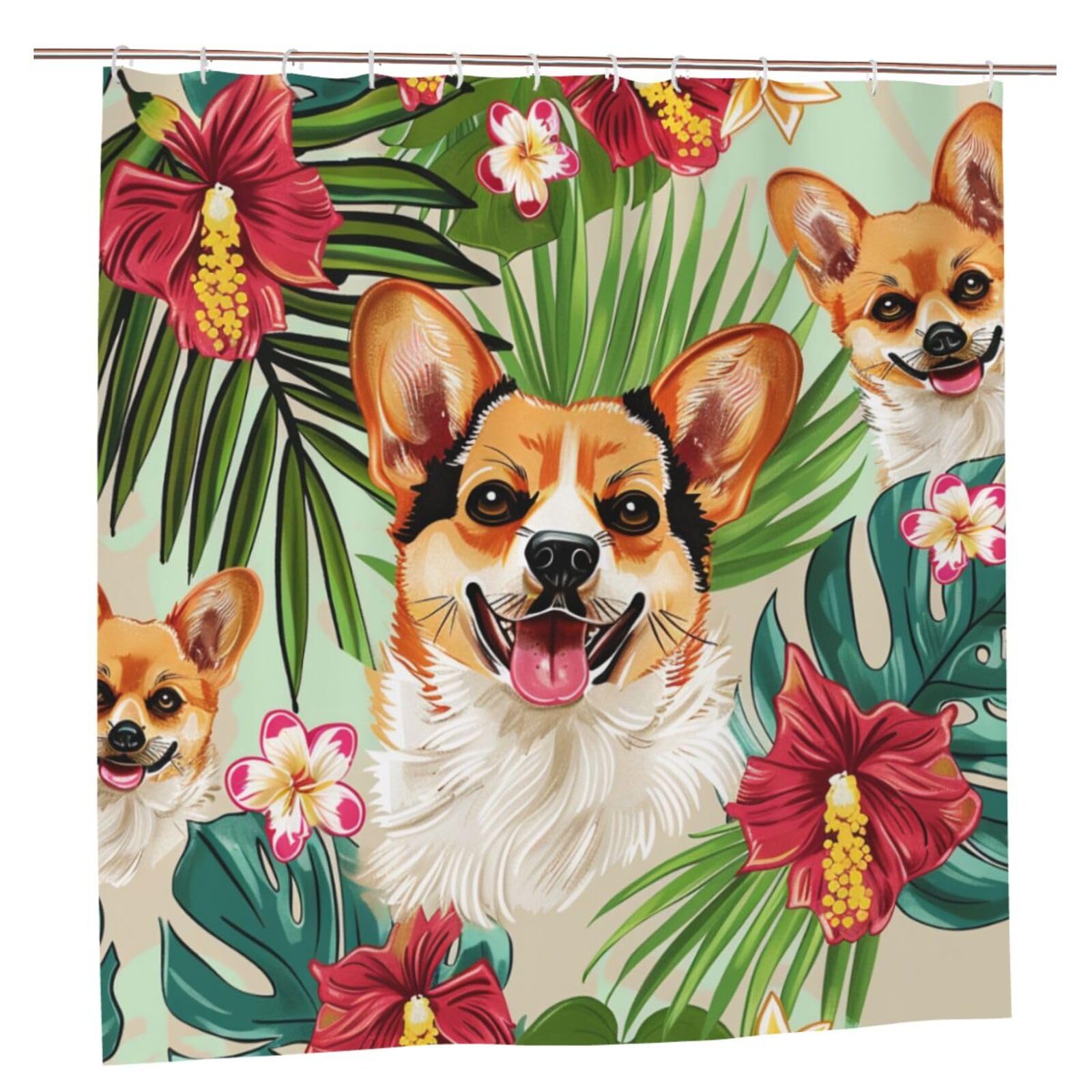 BWWHCCTI tropical flower and corgi Printed Shower Curtain With 12 Plastic Hooks Opaque Quick Drying Waterproof Shower Curtains Sets For Bathroom 183x183 CM