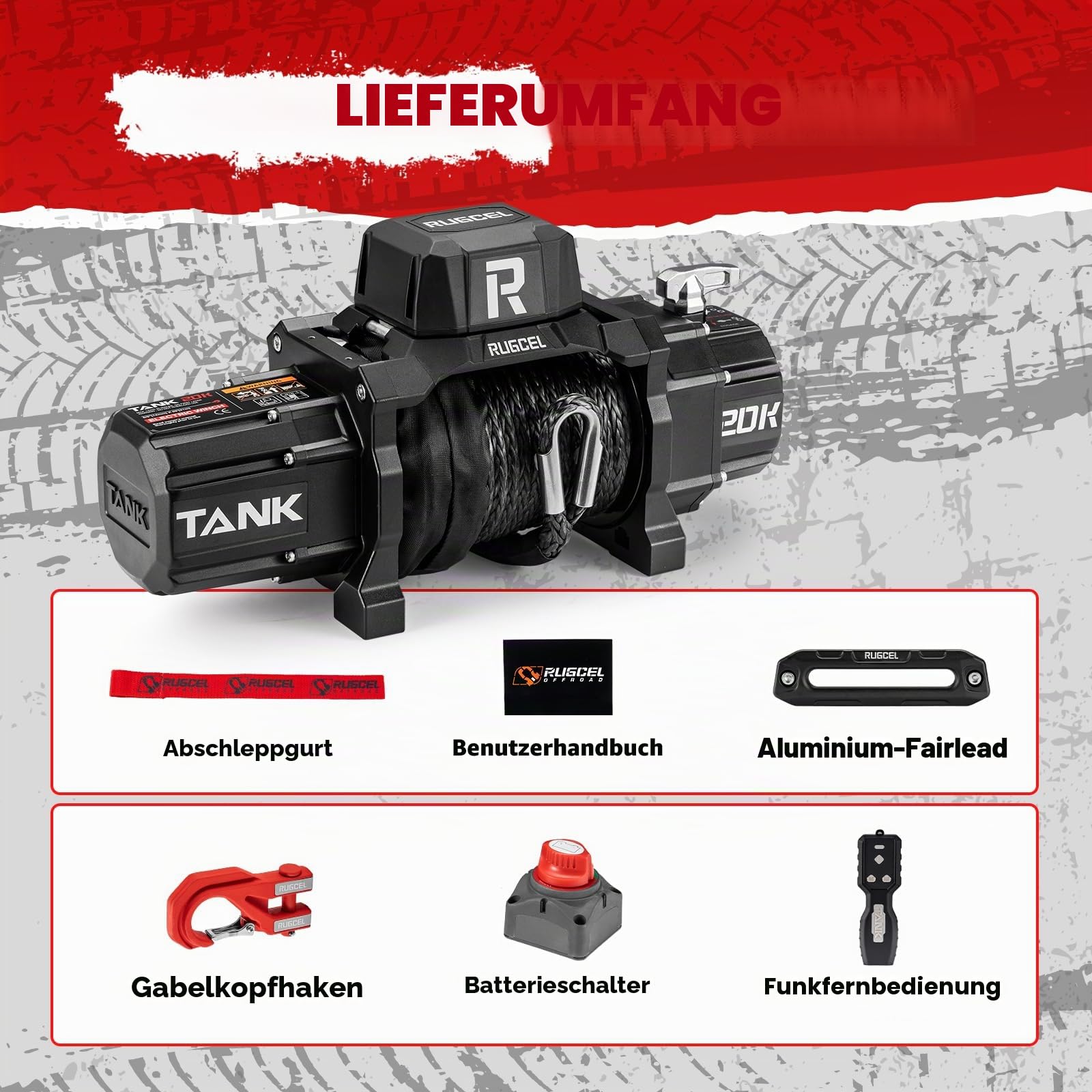 RUGCEL 20000LB Elektrische Seilwinde 12V, 9072KG Bergewinde mit Synthetikseil, IP67 Wasserdicht, für LKW, Traktor, Nutzfahrzeuge, Abschleppwagen, Offroad Fahrzeuge und Forstwirtschaft