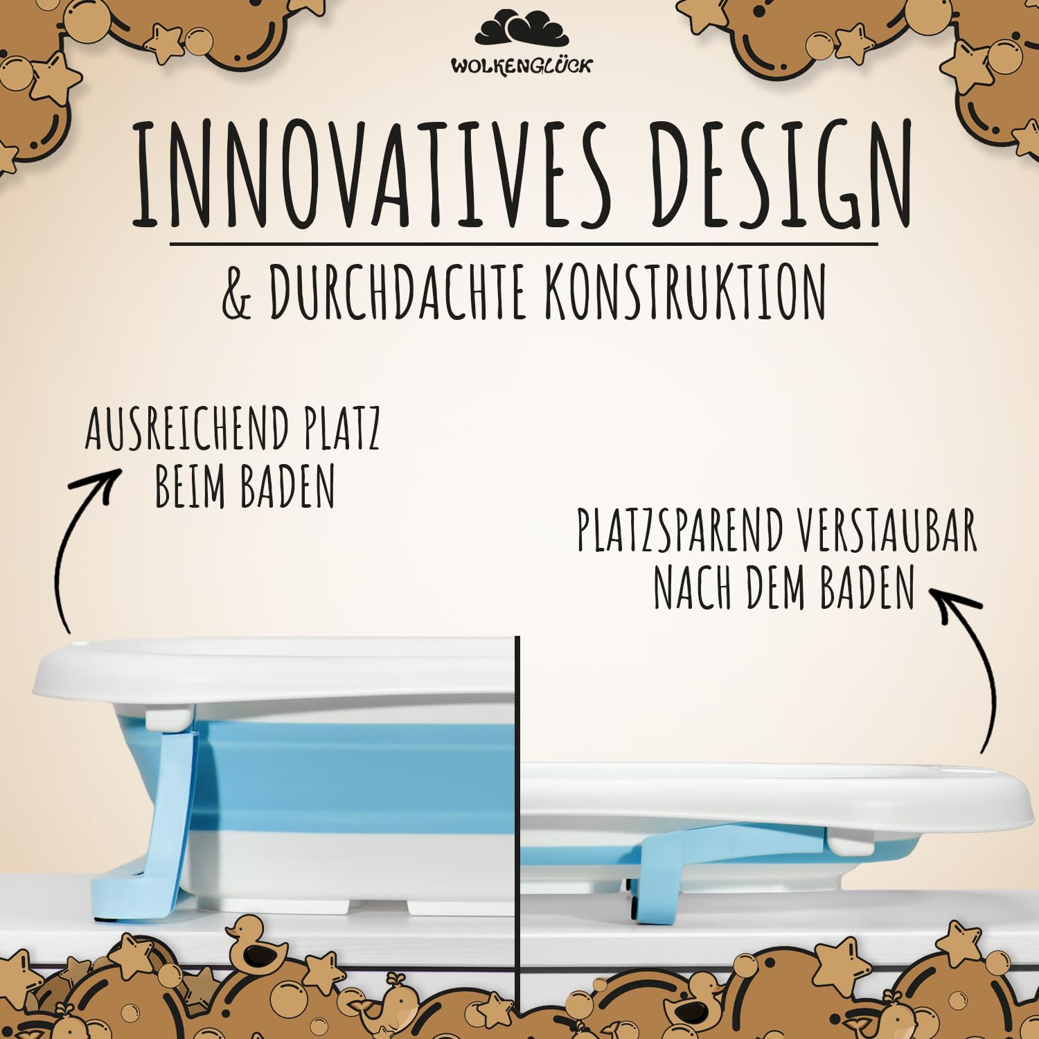 WOLKENGLÜCK® Faltbare Babybadewanne [50 Liter] - Platzsparende Baby Badewanne inkl. Thermometer, 4 Spielbällen & extra weichem Badekissen - Hochwertige Badewanne für Babys - BPA-frei
