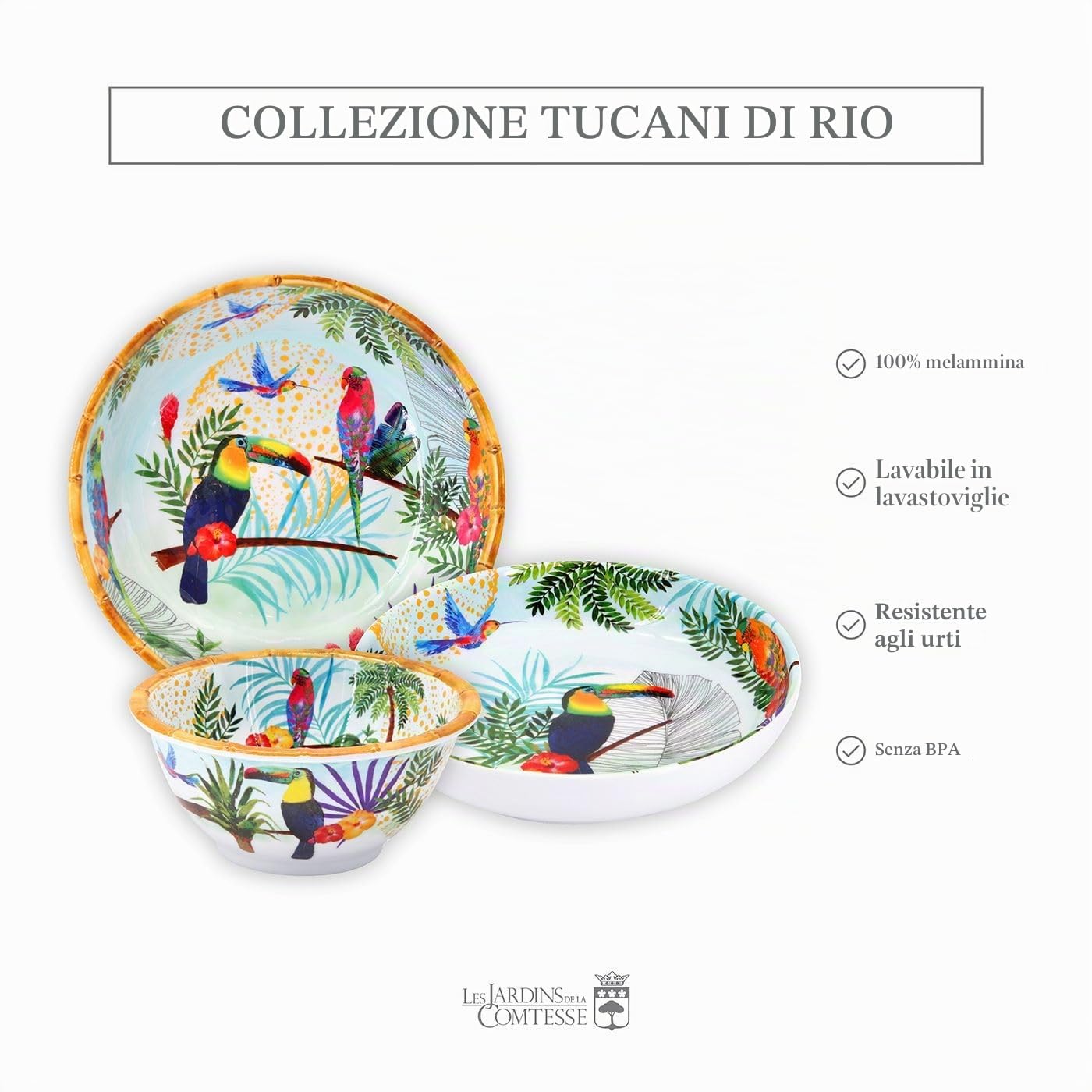 Les Jardins de la Comtesse - Insalatiera grande in melamina pura – Toucan de Rio – 4L / Ø 31 cm – Multicolore – Servizio da tavola quasi indistruttibile MelARTmine