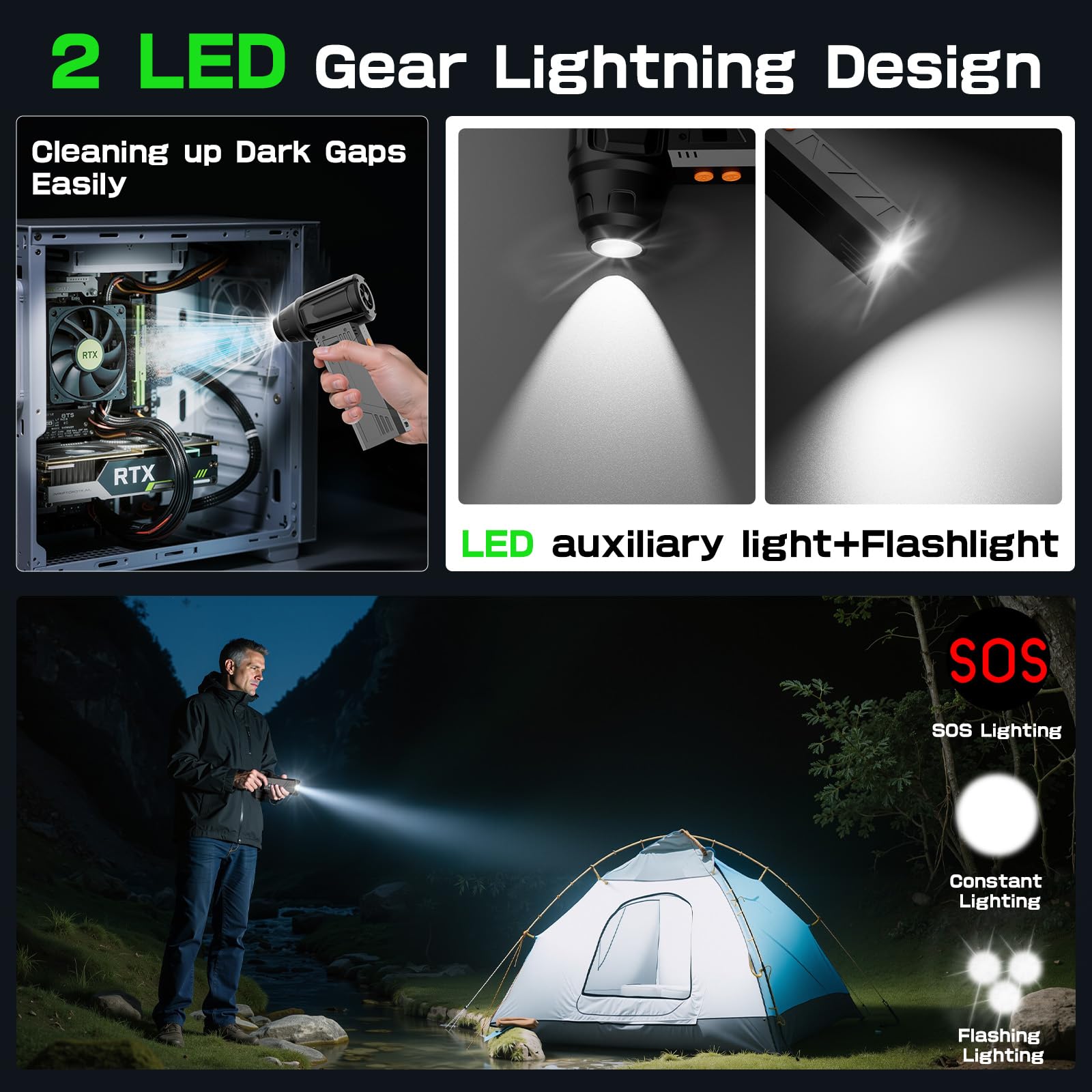 Souffleur Air Comprimé avec Lampe de Poche,180000 tr/min, Souffleur Électrique 4 -Vitesses avec Affichage avec Buses Multi-Usages pour Clavier, Extérieur,Car, Maison,Air Comprimé Nettoyage PC