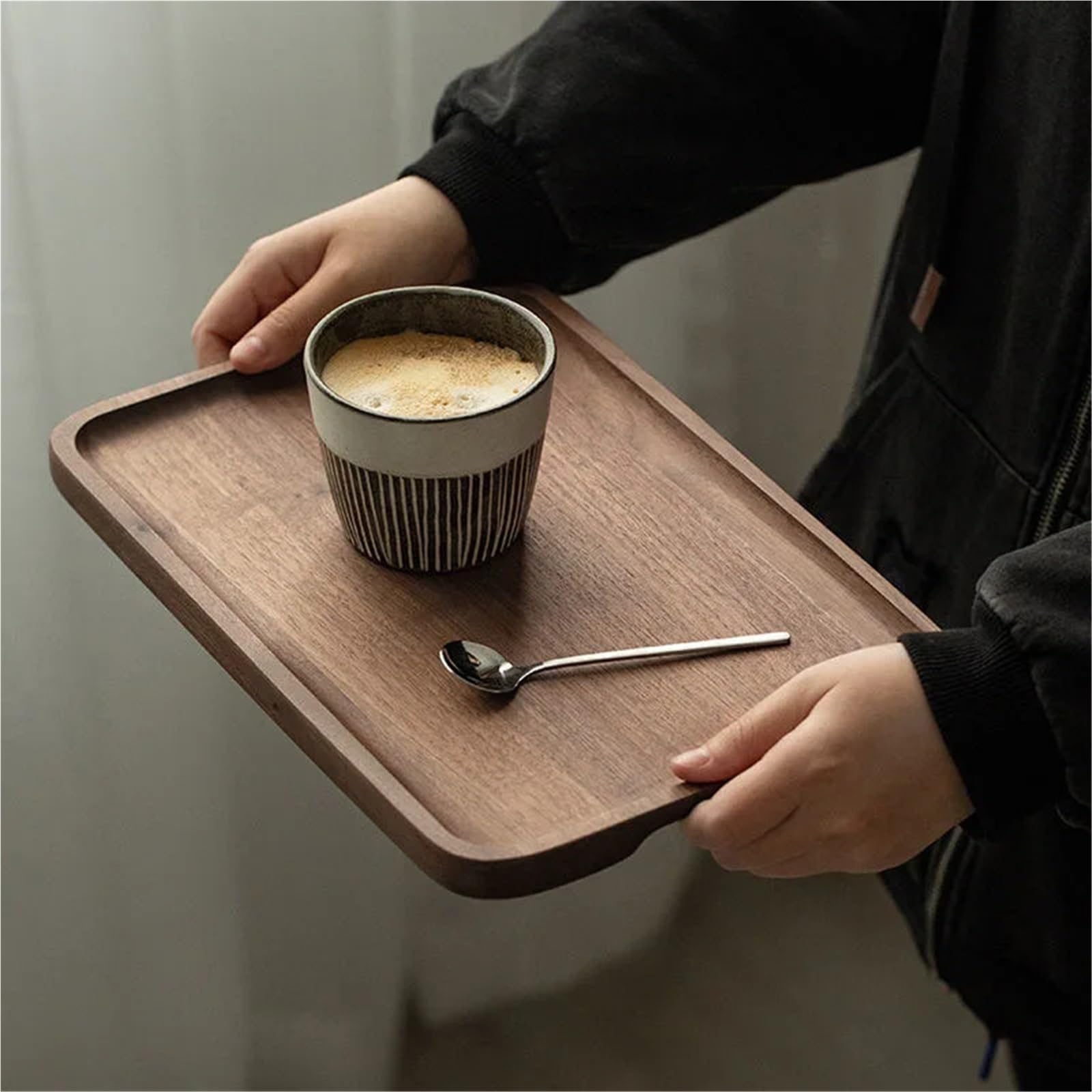 Bandeja de Madera de Nogal Rectangular para Servir té, Fruta, café, Madera Maciza (35 x 24 x 2 cm)