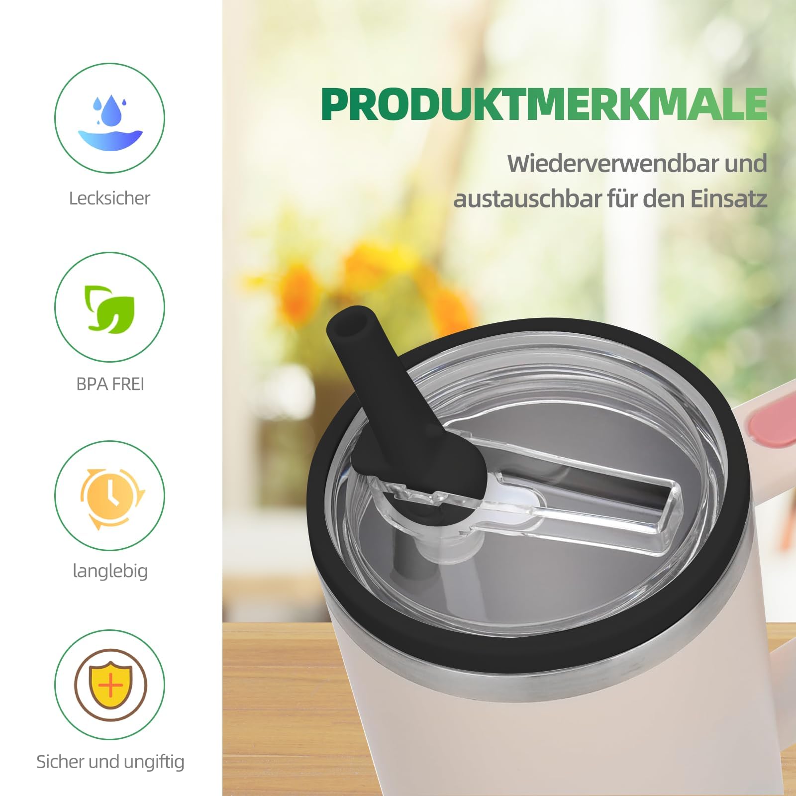 Wymienne pokrywki do kubków Stanley, 2 sztuki, 30 uncji, ze słomką typu flip-up, szczelne, wielokrotnego użytku, czarne