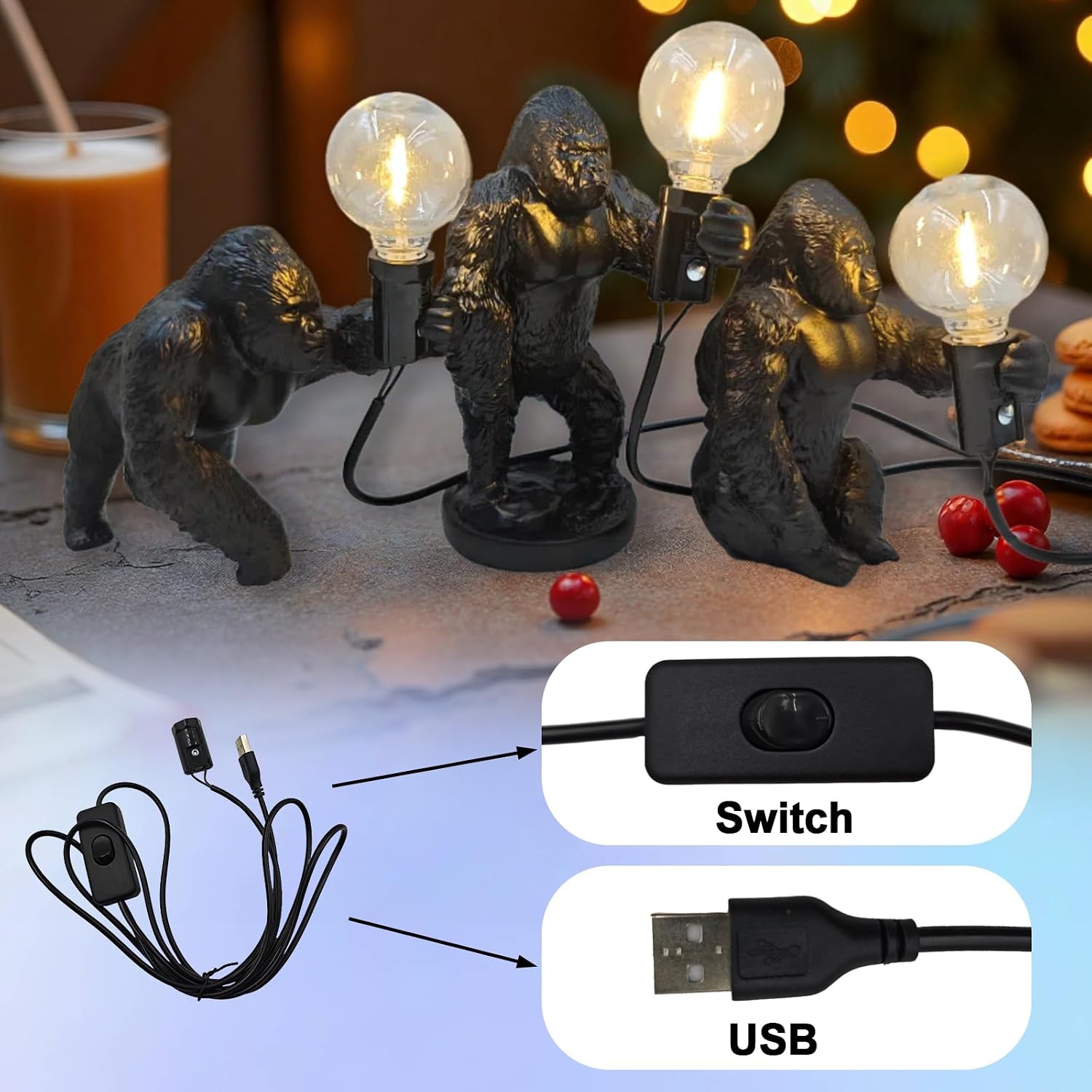 Gorilla Lamp Resin Night Light Gorilla Shape Bedside Lamp Creative LED Desk Light USB Plug Bedroom Home Corridor Decor Holiday Gifts (Black(C))
