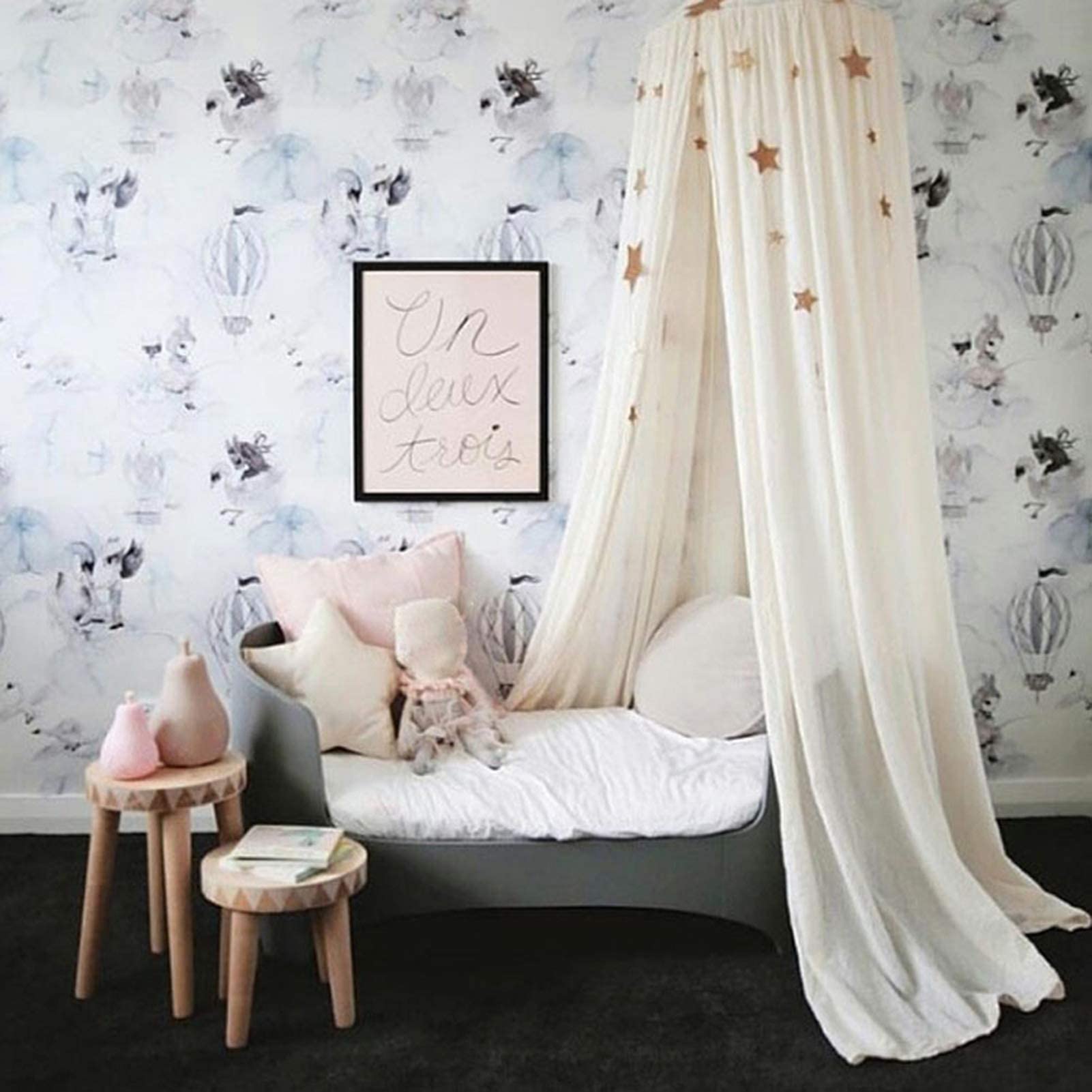 Rundes Babybett Moskitonetz Kuppel aus Baumwolle, Khaki Baldachin Vorhang für Kinderbett mit Stahlring, 235cm Höhe, 50cm Durchmesser, inkl. Montagezubehör