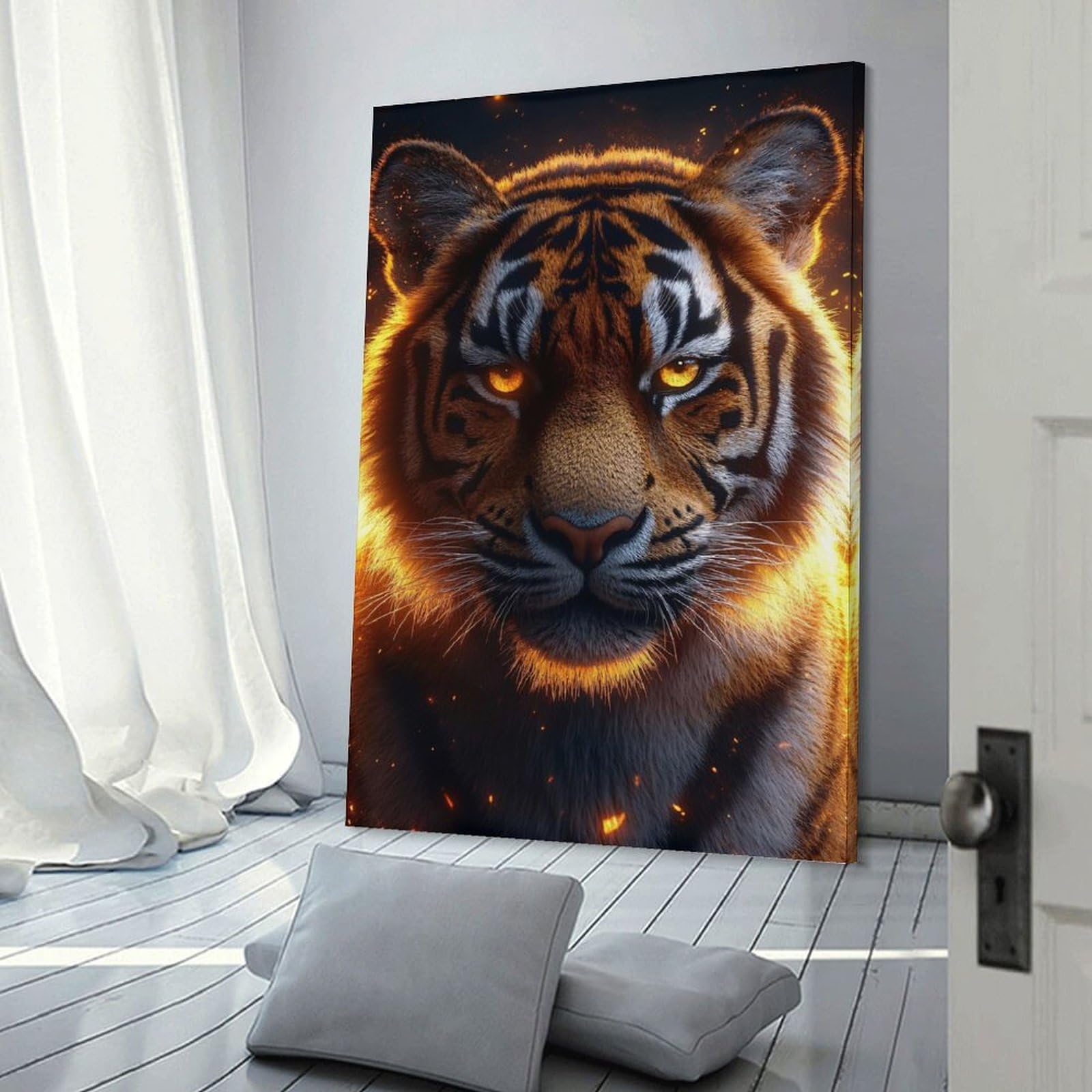 Junmoney Wall Decor Canvas Print Fiery Tiger Portrait, 24x36inch(60x90cm), for Home Lounge, Bedroom Or Reading Nook, Canvas Styling for A Polished Room Look