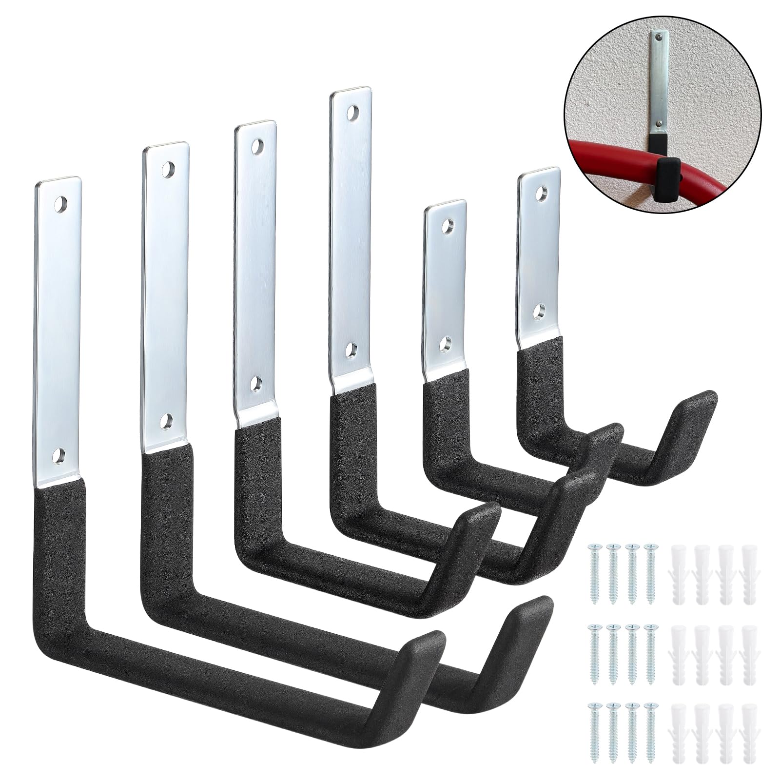 6PCS Crochets Mural de Garage, Crochets de Rangement pour Garage | Crochets de Garage Robustes, Wall Mounted Crochet Support Muraux pour Échelle, Tuyau, Tronçonneuse (3 Tailles, Argent+Noir)
