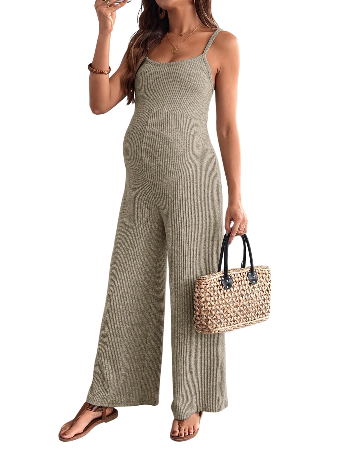 SweatyRocks Damen Jumpsuit für Schwangere Spaghettiträger Strick Overall Weite Partysuit Sommer Romper Hoseanzug Schwangerschafts Outfits
