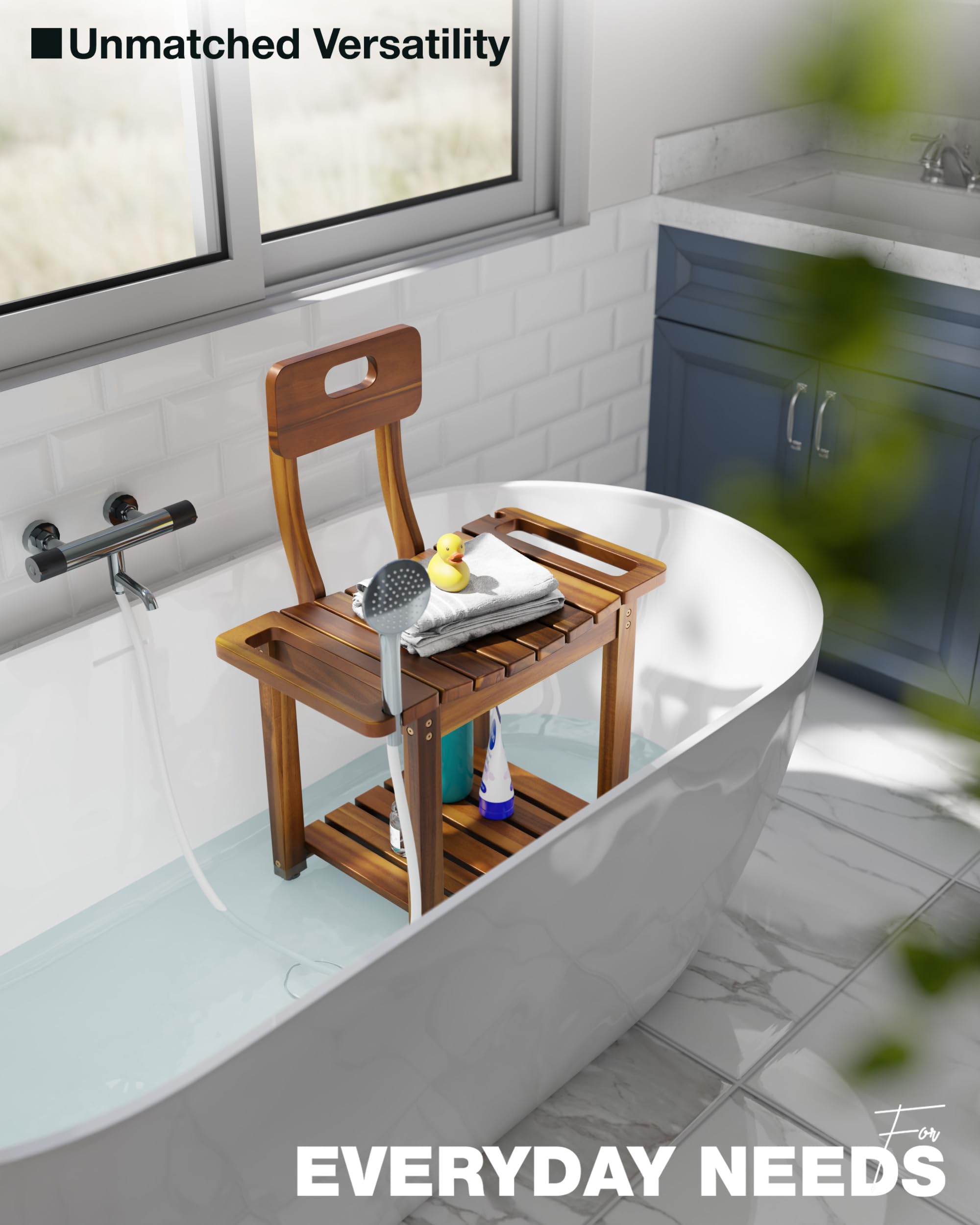 BLUEWEST Silla de ducha de 23.4 pulgadas con respaldo para ducha o bañera interior, soporta hasta 450 libras, diseño resistente con asas integradas, pies antideslizantes, estante inferior de
