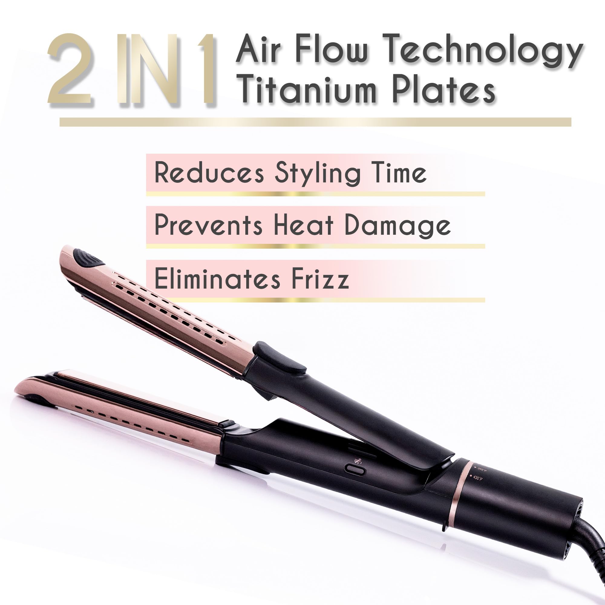 ® Plancha de pelo y rizador de aire 2 en 1 • Plancha de titanio en uno • Ventilaciones de aire de enfriamiento para bloquear sin esfuerzo con estilo • Múltiples aspectos, resultados 5