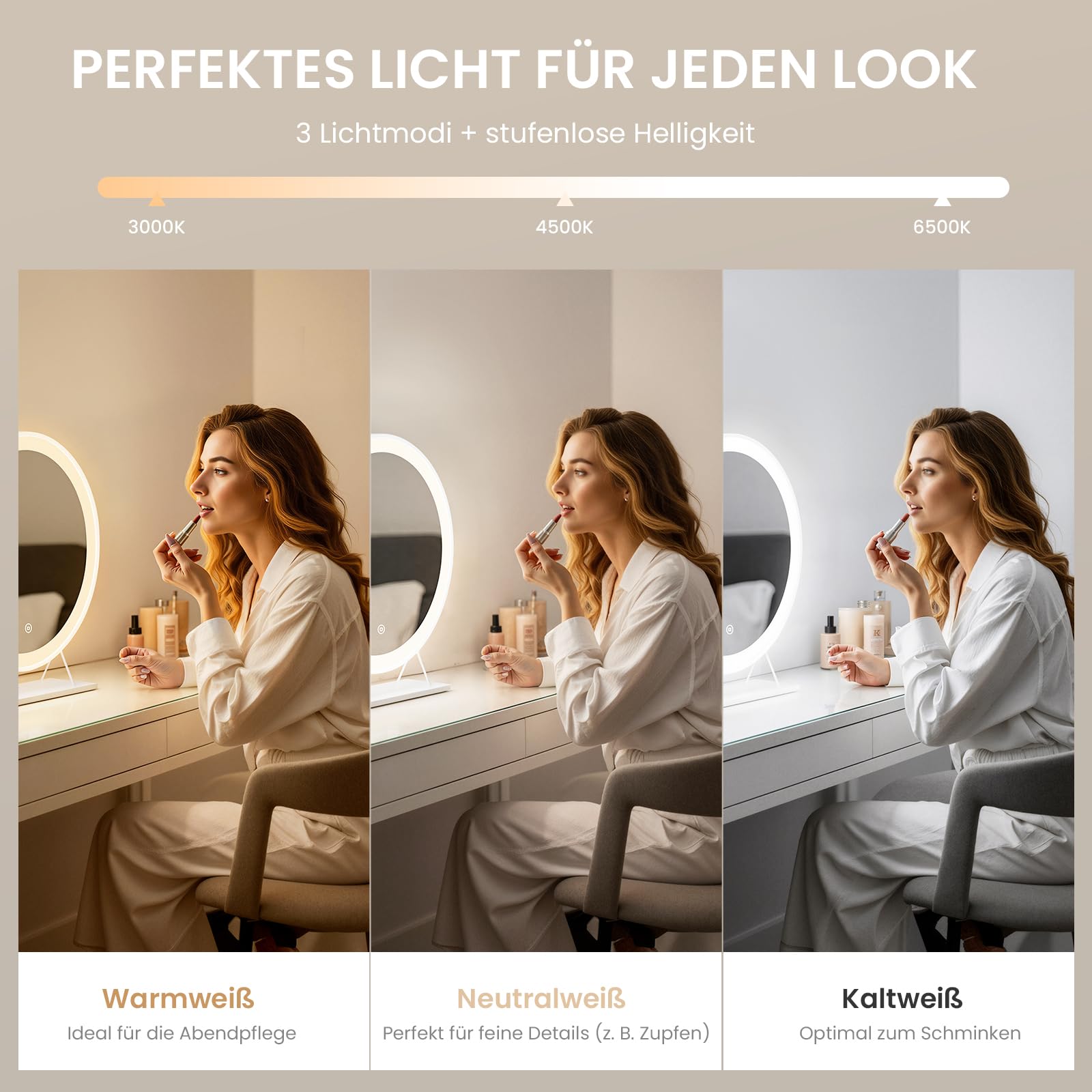 Heilmetz Schminkspiegel mit Beleuchtung Rund Φ40cm - Hollywood Kosmetikspiegel mit 3 Lichtfarben (3000K-6500K), Dimmbarer Standspiegel mit Memory-Funktion, Plug & Play für Schminktisch, Weiß