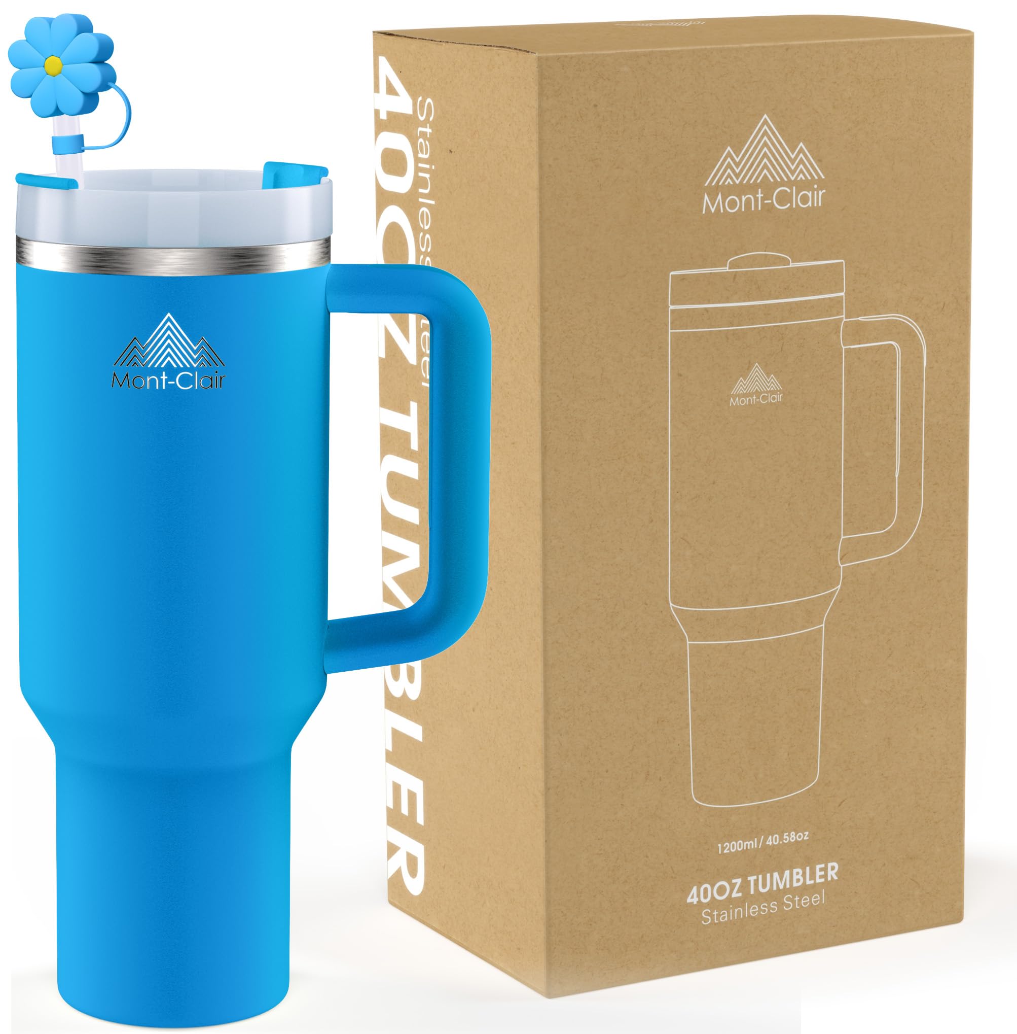 Mont-Clair Reisbeker met rietje en deksel, geïsoleerde reisbeker van roestvrij staal met handvat, voor warme en koude dranken, 10 uur koud of warm, 48 uur ijskoud, 1200 ml