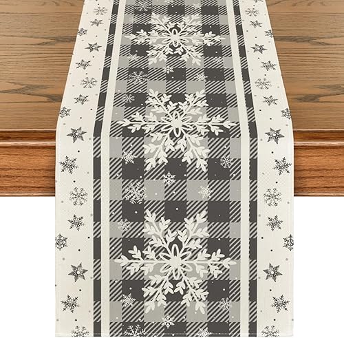 Artoid Mode Camino de mesa de Navidad con copos de nieve de búfalo gris, decoración de mesa de comedor de cocina de invierno para decoración de