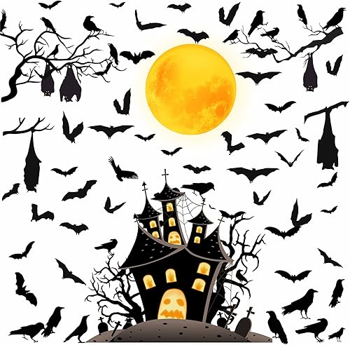 Miniatura 9 de Calcomanías de pared de murciélago de Halloween, ramas de árbol, calcomanías de pared extraíbles para Halloween, castillo, luna, murciélago,
