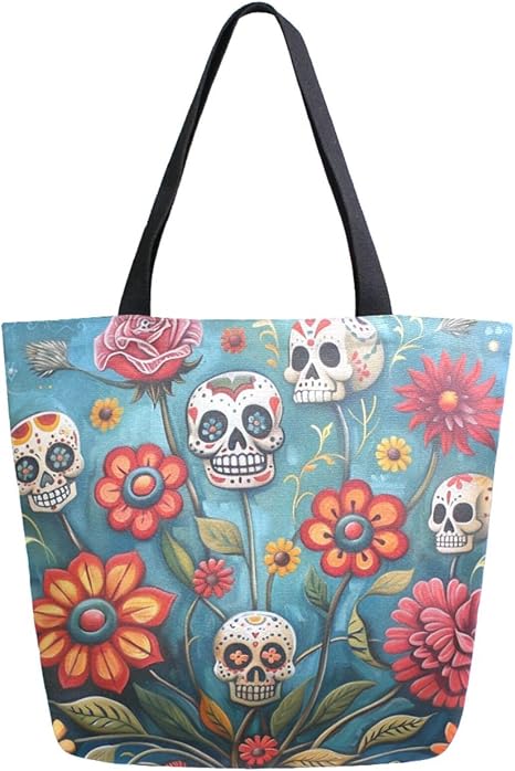 Vivid Pattern Extra Large Shoulder Grocery Tote Bag, Art Sugar Skulls Flower Day Of Dead Canvas Daily Handle Bag for Gym Weekender Beach Travel Kitchen Reusable Market Shopping