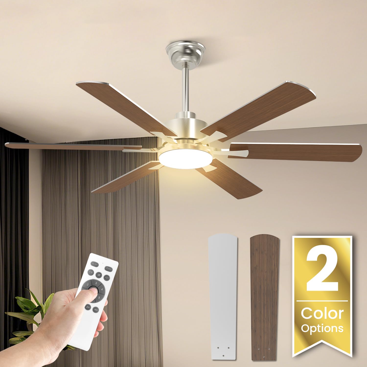 Ventilatore da Soffitto con Luce, 132cm Grande Ventilatore Soffitto con Luce e Telecomando, LED Lampadario Ventilatore con Silenzioso Reversibile DC Motore per Camera da Letto, Soggiorno