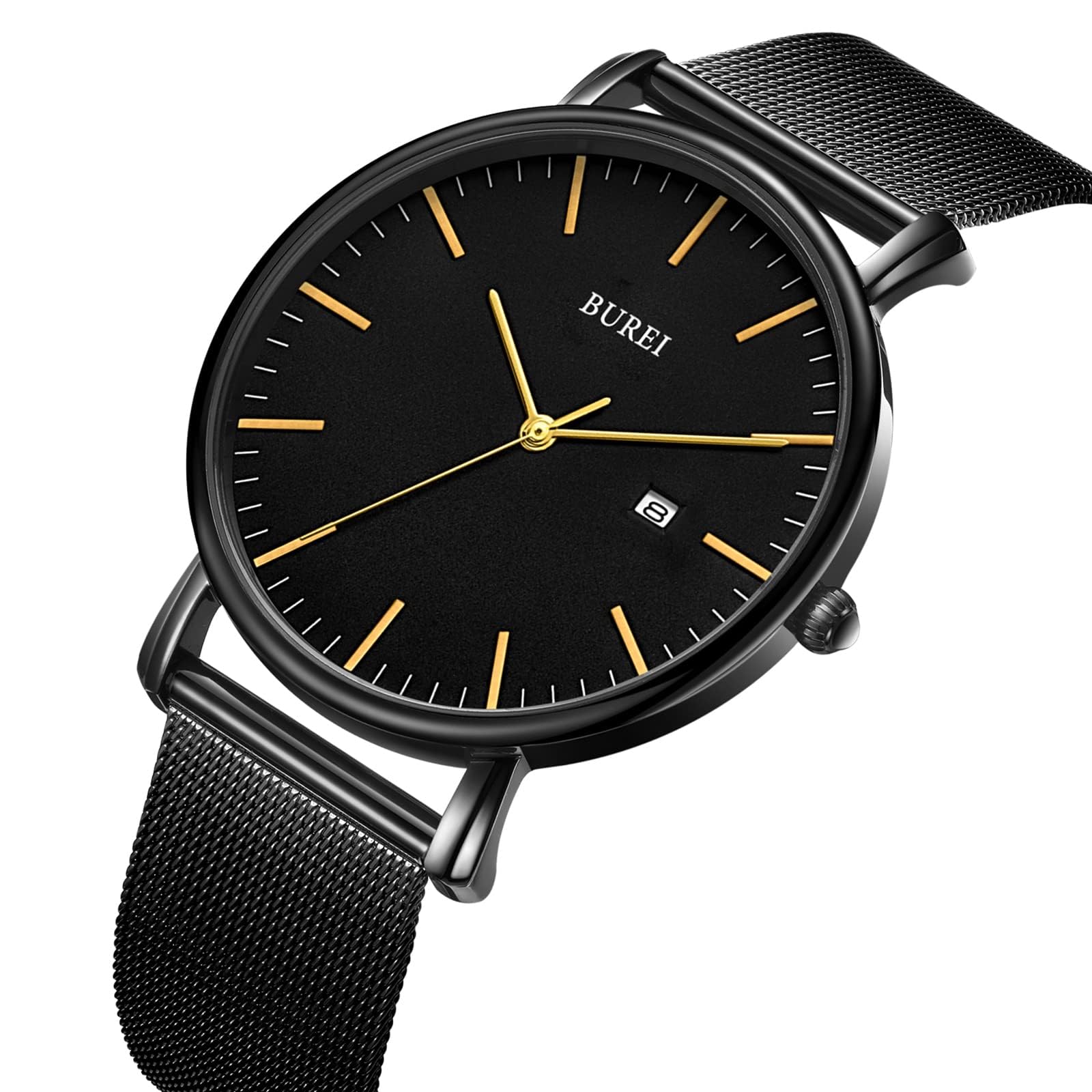 BUREI Men's Watches, Classic Analogue Dial with Date Japanese Quartz and Ultra-Thin Stainless Steel Mesh Band