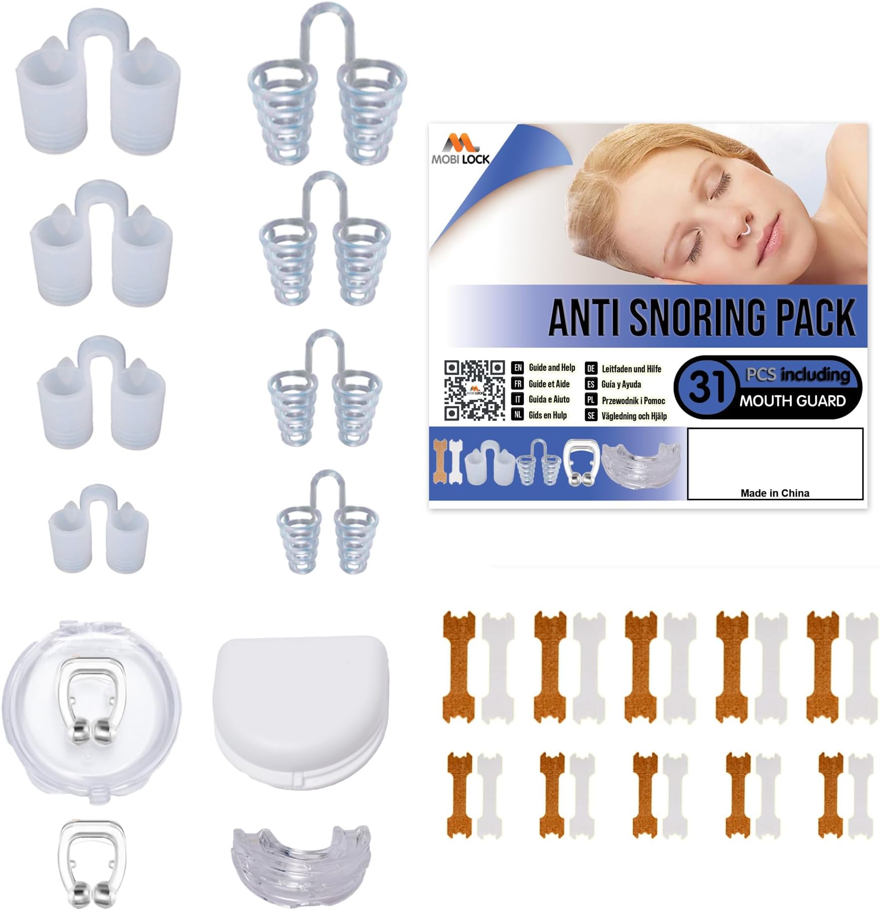 31pcs Anti-Snoring Solutions - Nose Vents, Nose Clips, Nasal Strips, and Mouthguard - Snore Stop for Men & Women - by Mobi Lock