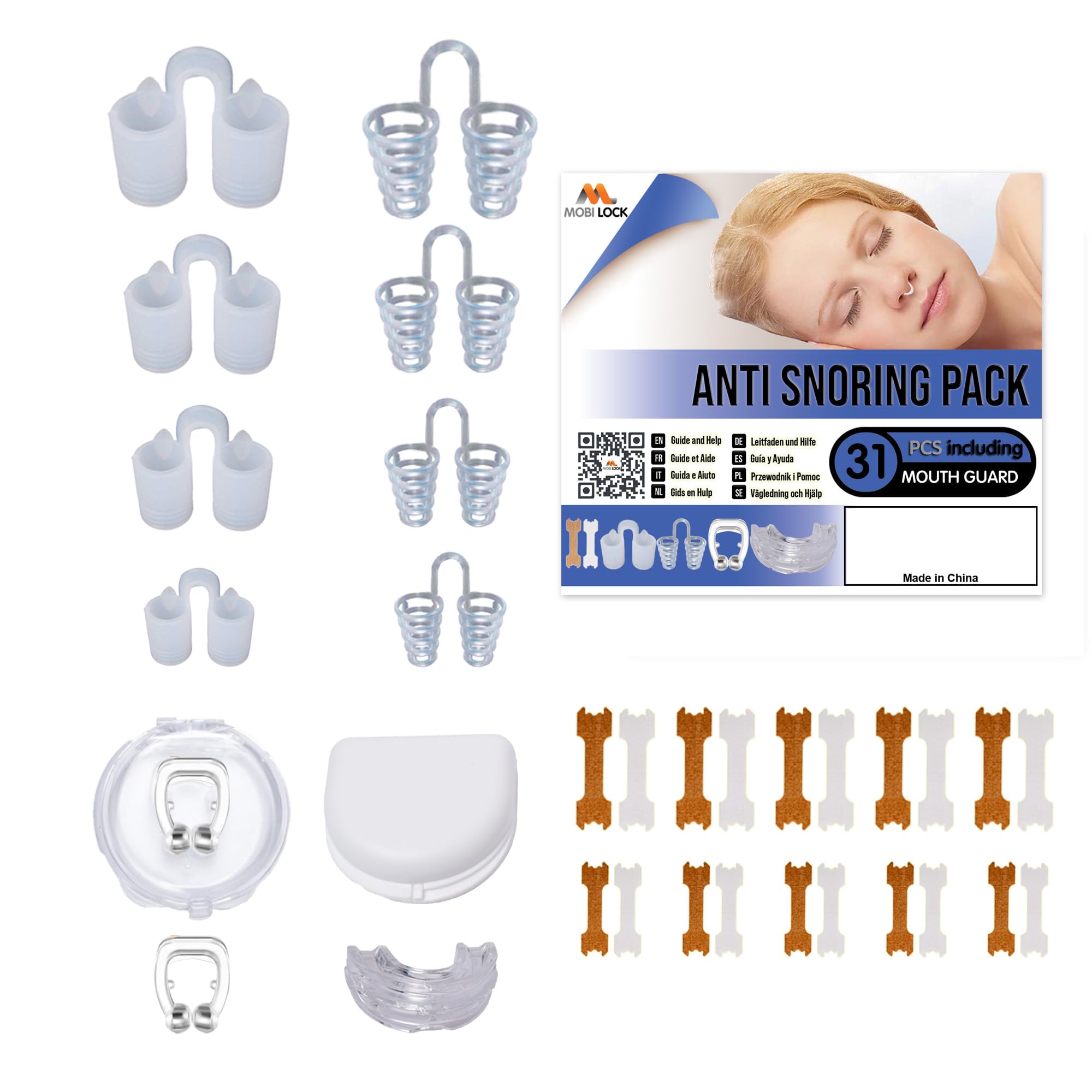 31pcs Anti-Snoring Solutions - Nose Vents, Nose Clips, Nasal Strips, and Mouthguard - Snore Stop for Men & Women - by Mobi Lock