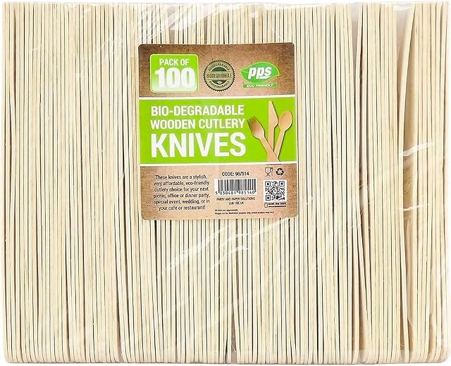 100 x Enviro Wooden Knives - Biodegradable Compostable Disposable Cutlery 100% Birchwood
