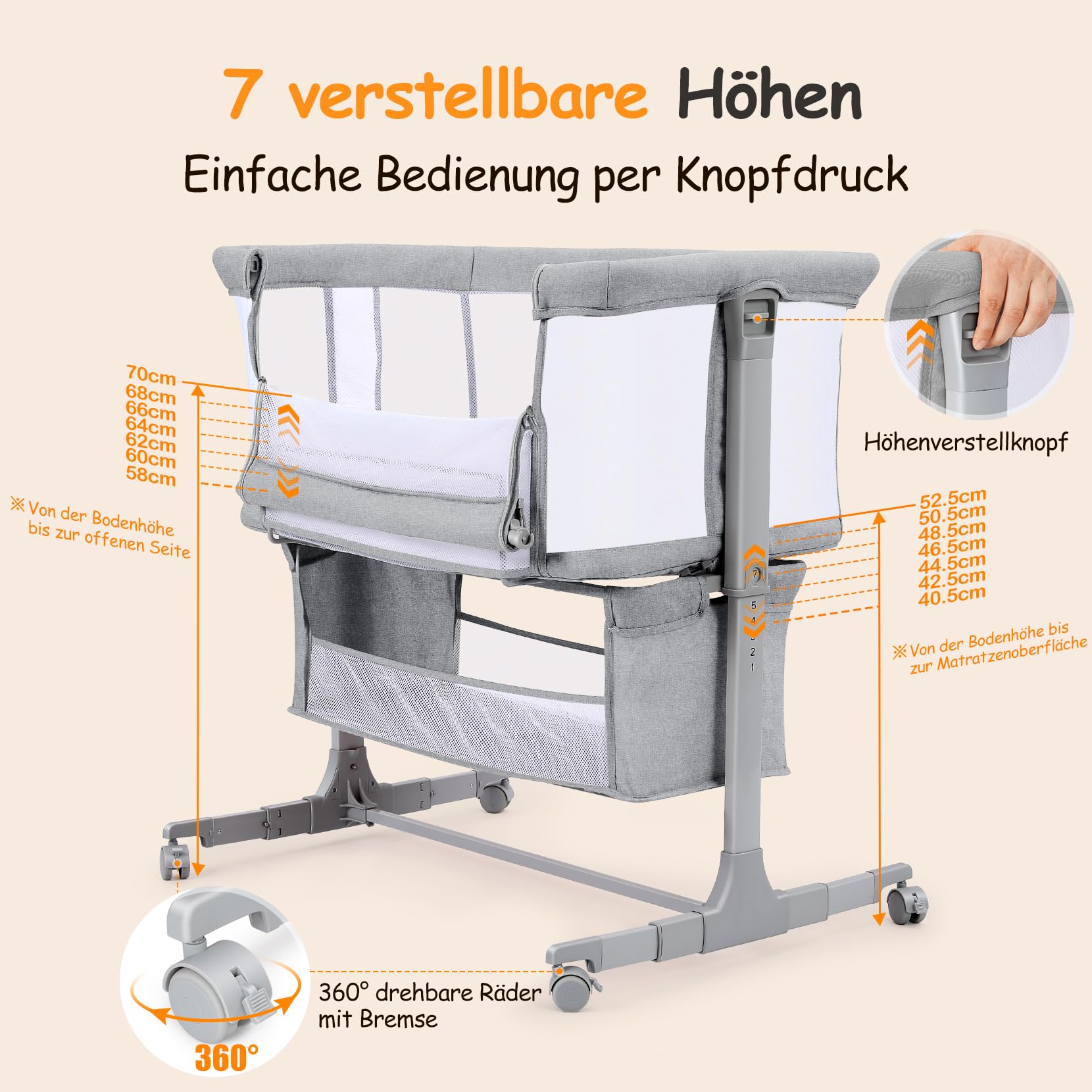 Baby Beistellbett 2-in-1, 7-fach höhenverstellbar, mit Rädern & Stauraum