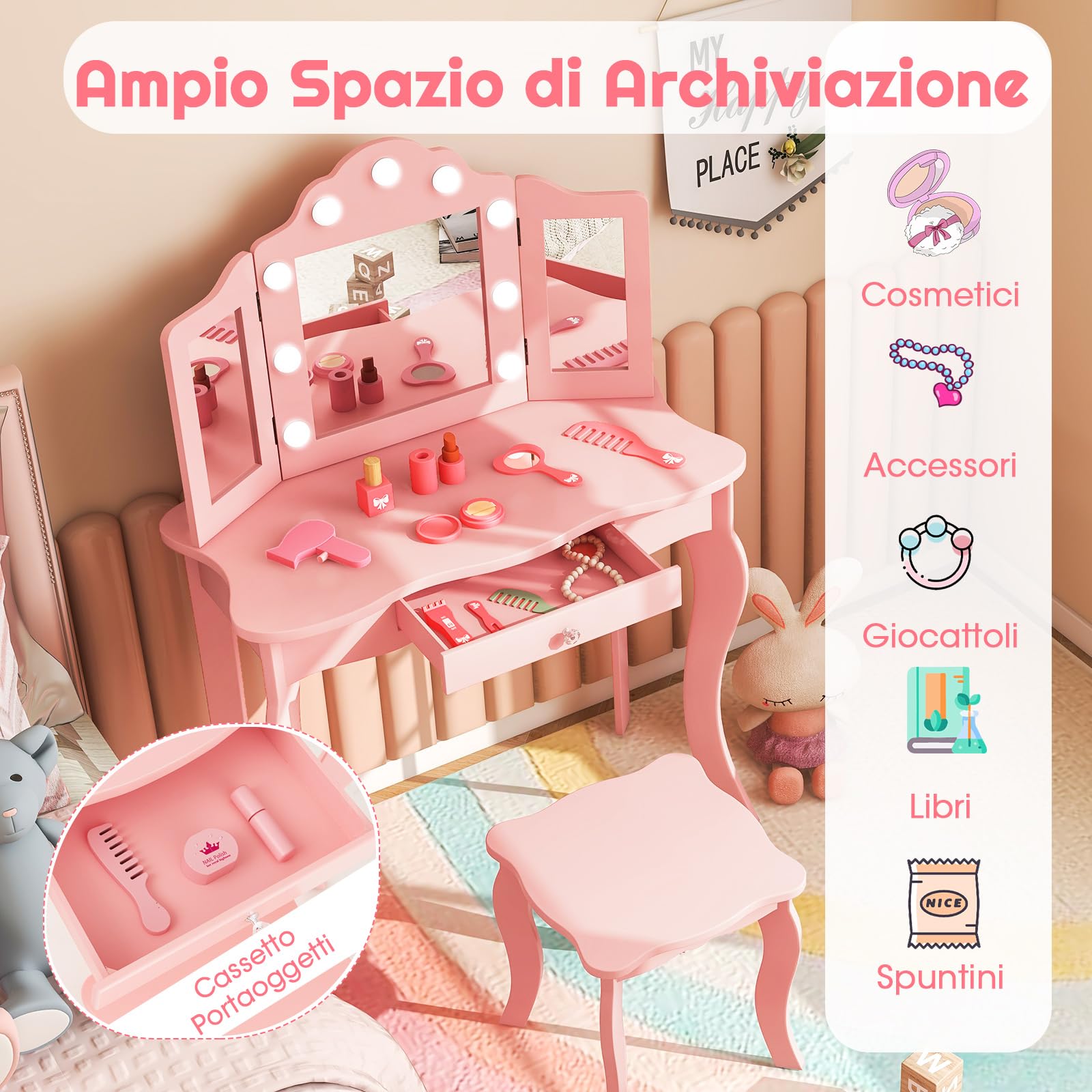 COSTWAY Toeletta Trucco 2 in 1 per Bambina, Specchiera Staccabile per Ragazza in Legno con Sgabello, Cassetto, Ripiani e Giocattoli, Postazione Trucco per 3 Anni, 70 x 34 x 103 cm (Rosa)