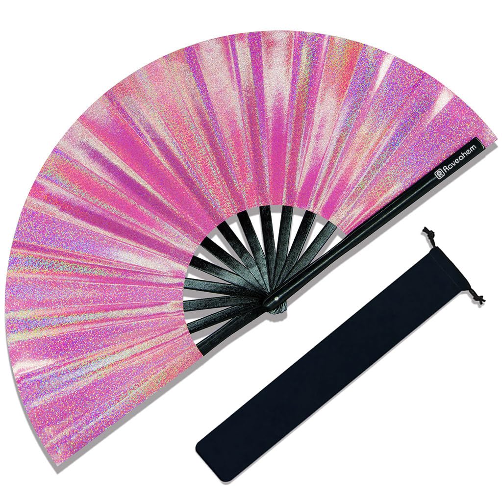 Raveahem Large Rave Fan, Clack Folding Hand Fan with Premium Fabric, Thick Bamboo Frame for Men Women Gift for EDM, Festival, Club, Party, Dance, Decoration (Lridescent Pink, 11")