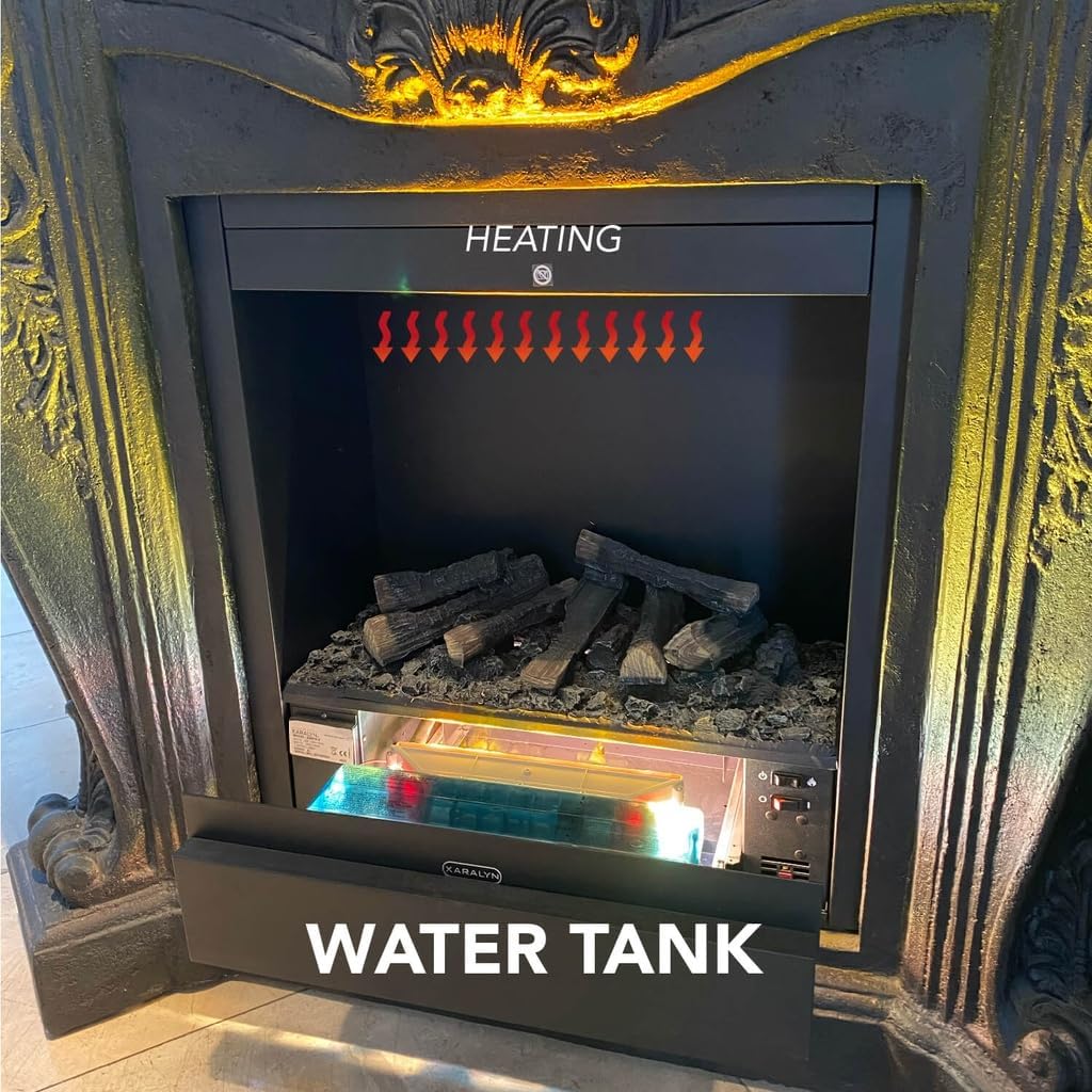 Xaralyn fireplace insert showing the location of the heating element and the accessible water tank