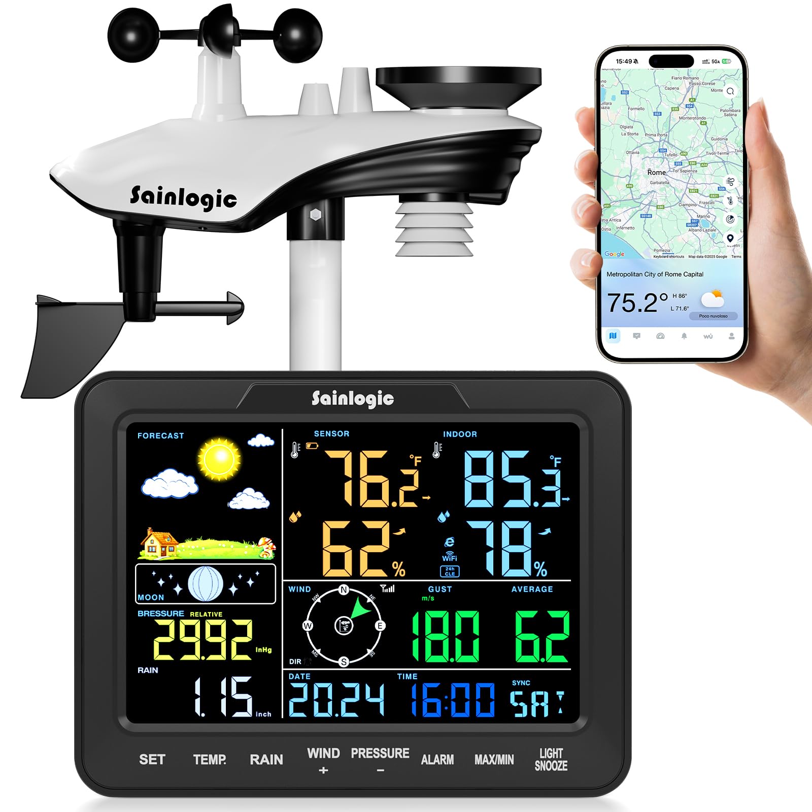 Sainlogic Stazione Meteorologica Intelligente WiFi Senza Fili, Previsione Meteo IA 24/7 Weatherseed®, Allarme App/Email, Anemometro e Pluviometro Digitale, Archivio Dati di 2 Anni