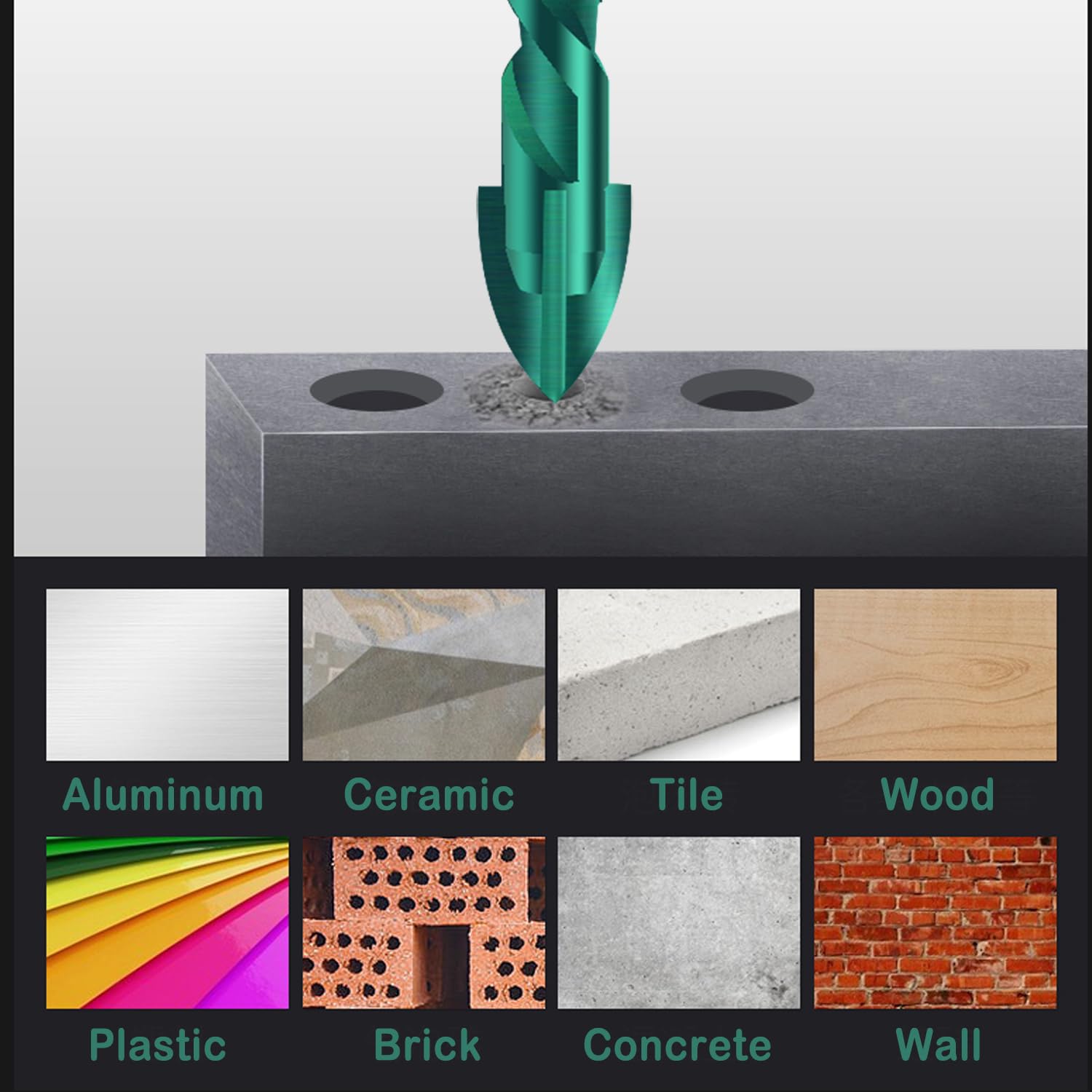 Set di 10 punte per trapano per calcestruzzo, colore verde, con punta in carburo per vetro, mattoni, piastrelle, cemento, plastica e legno, con dimensioni 3/16", 1/4", 5/16", 3/8", 1/2"