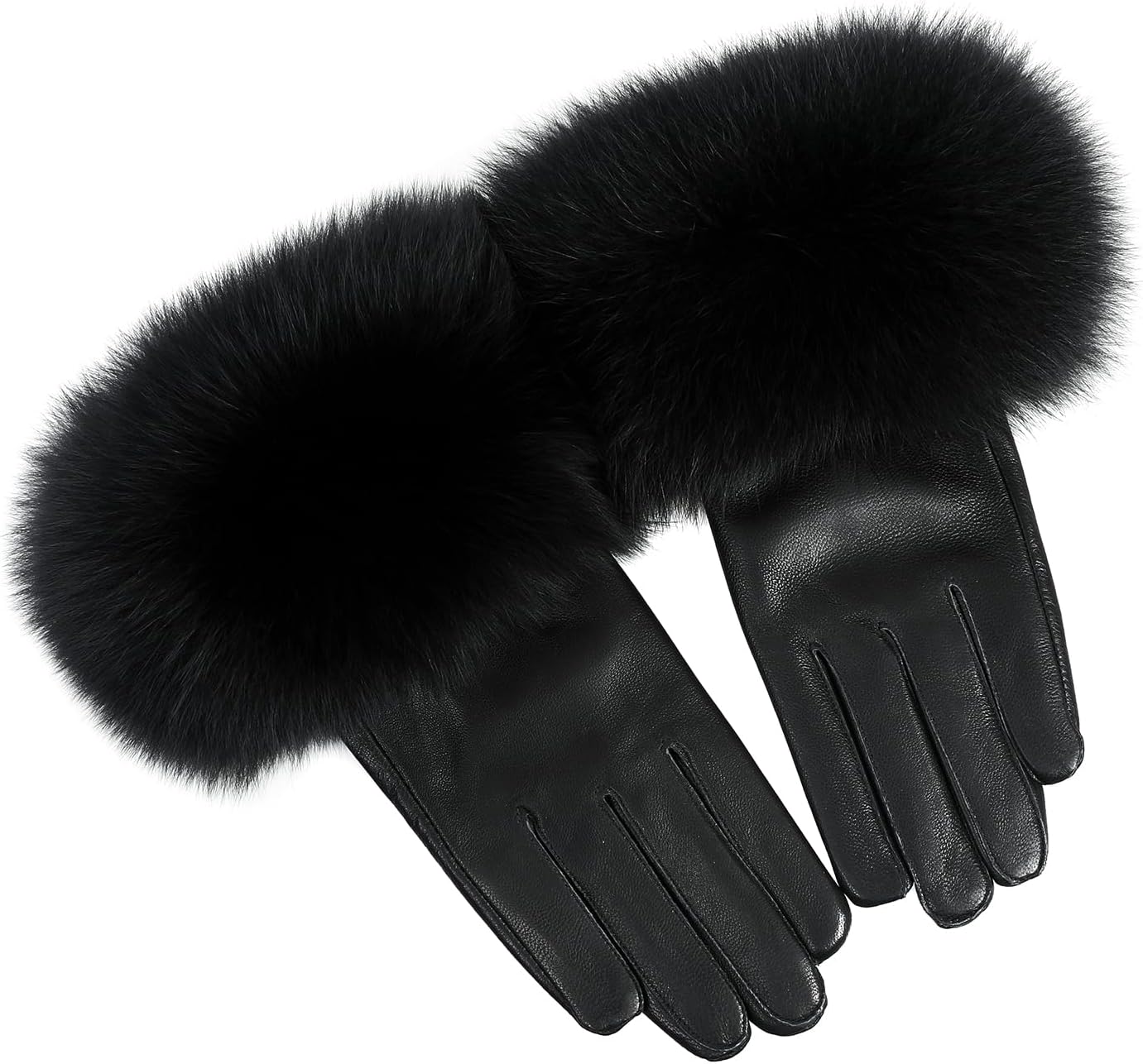 Women Genuine Lambskin Leather Gloves With Real Fox Fur Trim Cuff Winter Warm Driving Gloves-Velvet Lined - Image 2