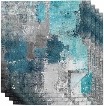 Turquoise Gray Cloth Napkins Set of 4, Geometric Teal and Grey Cocktail 20 x Inch, Abstract Art Oil Painting Washable Reusable Dinner Table for Farmhouse Wedding Holiday Party