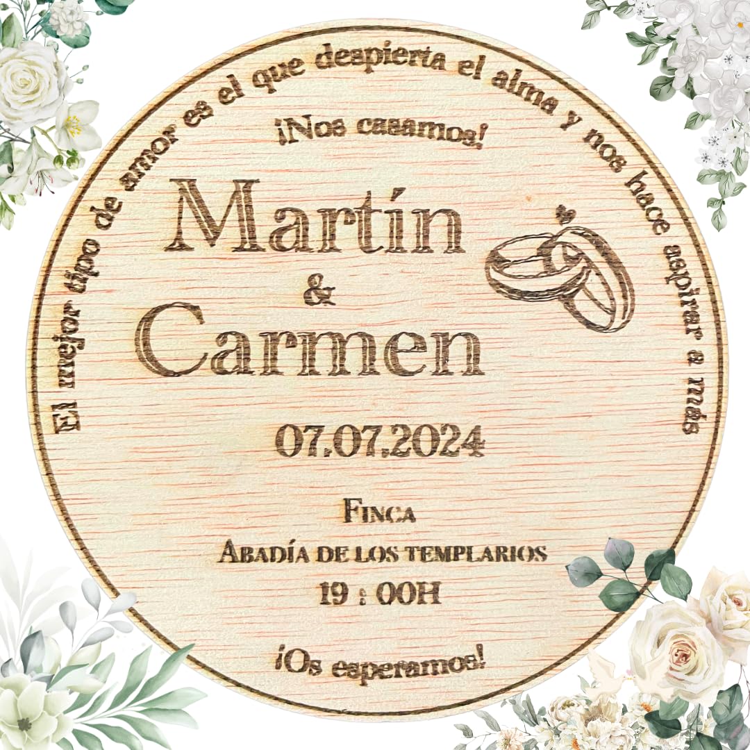 Amaisso Invitaciones Boda Personalizadas de Madera para Novios | Detalles boda para invitados Originales y modernos | Recuerdos para bodas especiales (Circular)