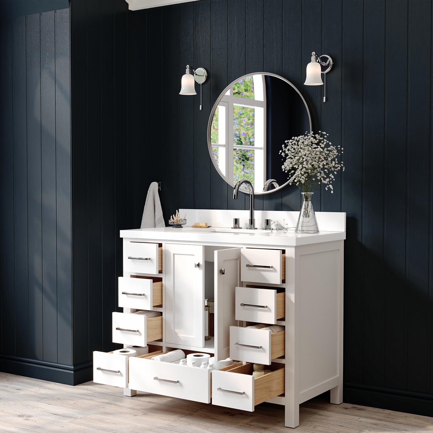 ARIEL Cambridge 42-inch Bathroom Vanity with Sink,Solid Wood, 1.5-inch Pure White Quartz Countertop & Backsplash, Single Rectangular Porcelain Sink, 2 Soft Closing Doors, 9 Dovetail Drawers, White