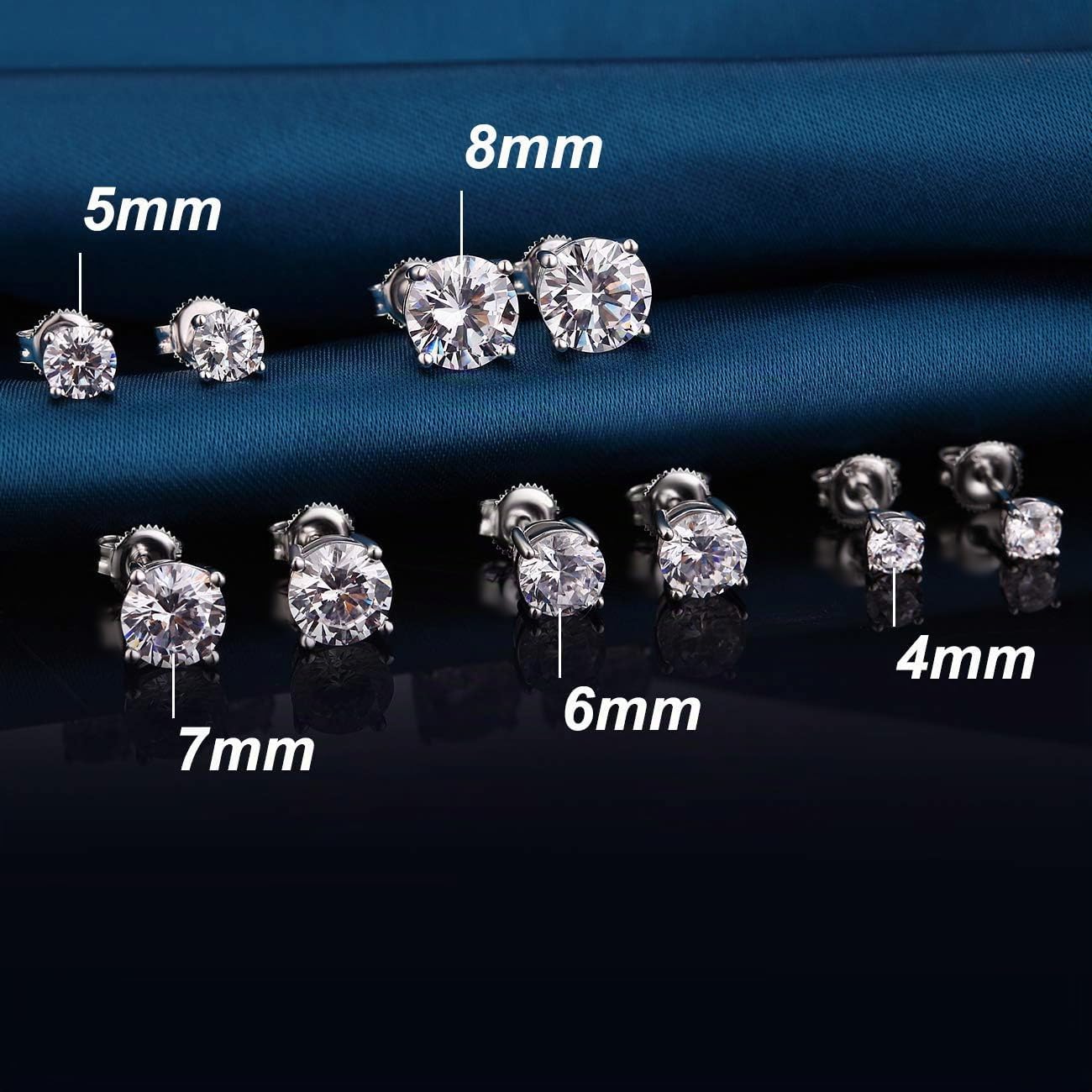 jiamiaoi 18K Oro Bianco placcato Orecchini Diamante Uomo in Argento Sterling 925 con AAAA+ Zirconi Brillante con Chiusura a Vite Sicura 4mm-8mm