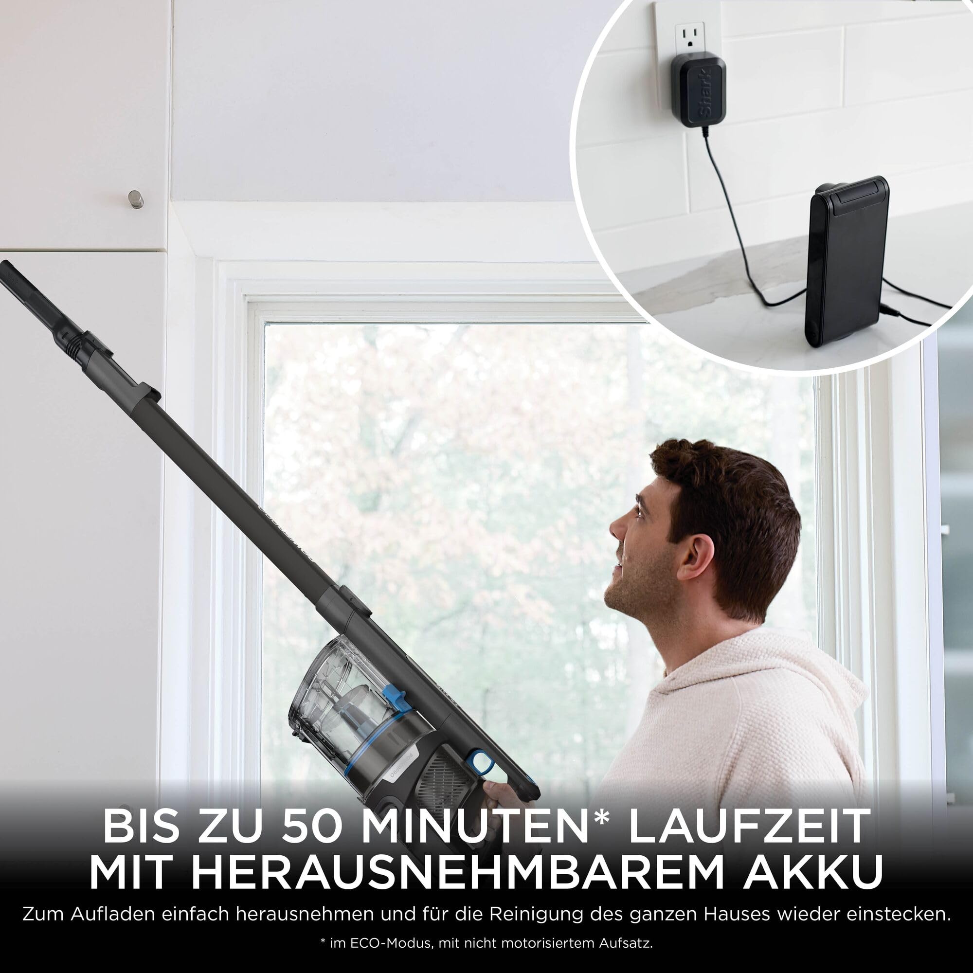 Shark PowerPro Akku-Staubsauger freistehend, bis 50 Min. Laufzeit, kabellos, beutellos, für Tierhaare, Allergiker, Teppich und Hartböden, mit LED-Licht und Knickgelenk-Rohr, IZ370EU