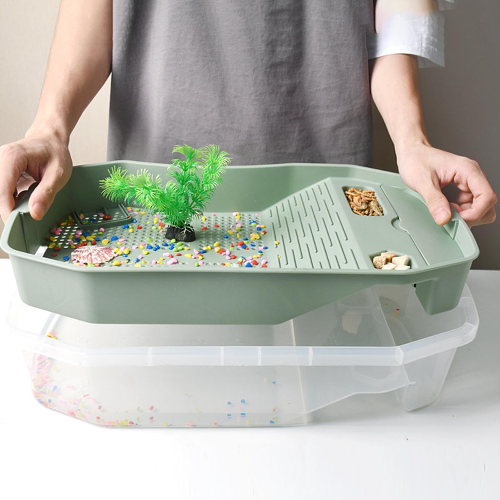 Acuario para Tortugas Hábitat de Reptiles Caja de Estanque Terraza Desmontable de Sol Resistente Material Adecuado para el Cuidado de, Verde, Individual