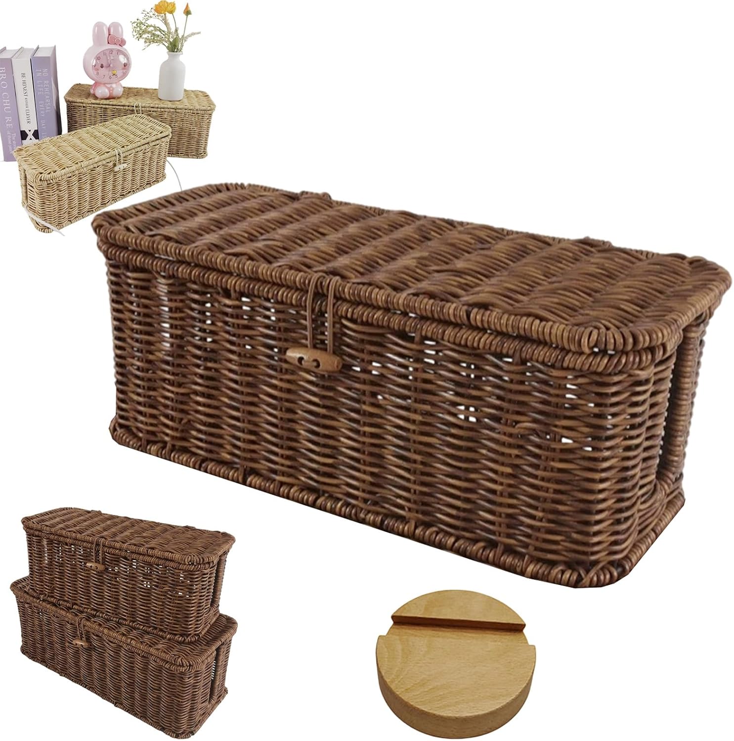 Handwoven Rattan Cable Management Box with Lid, 2026 New Open Slots Cords Hider Box, Handmade Cord Organizer, Prevent Children From Touching, for Home and Office (Brown,L)