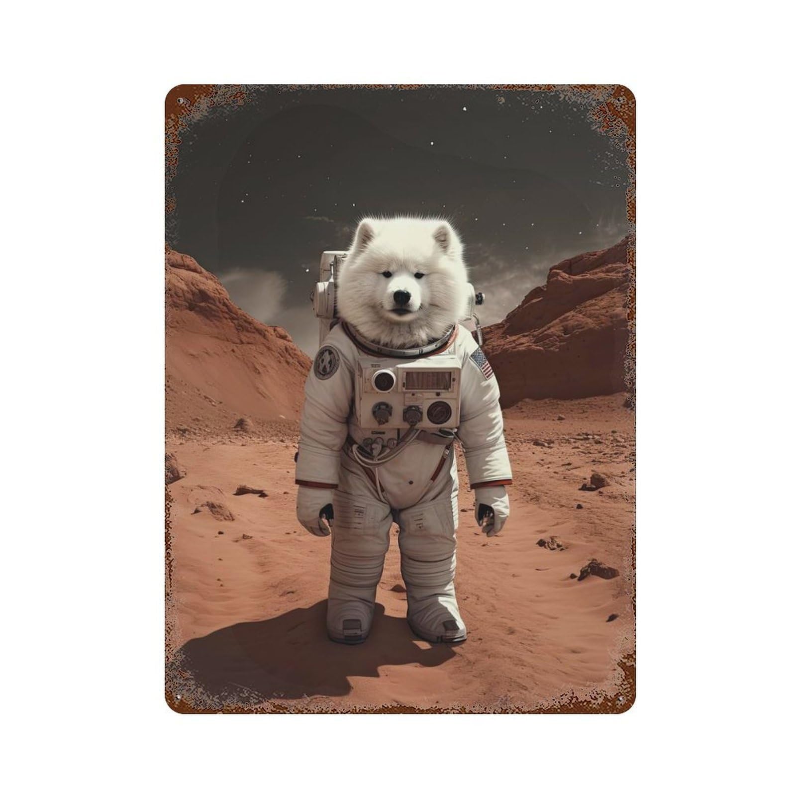 Aged Metal Wall Plaque with Samoyed Astronaut Mars Design 15.7"x11.8", for Basement, Hobby Room And Garage Decor, Classic Wall Plaque