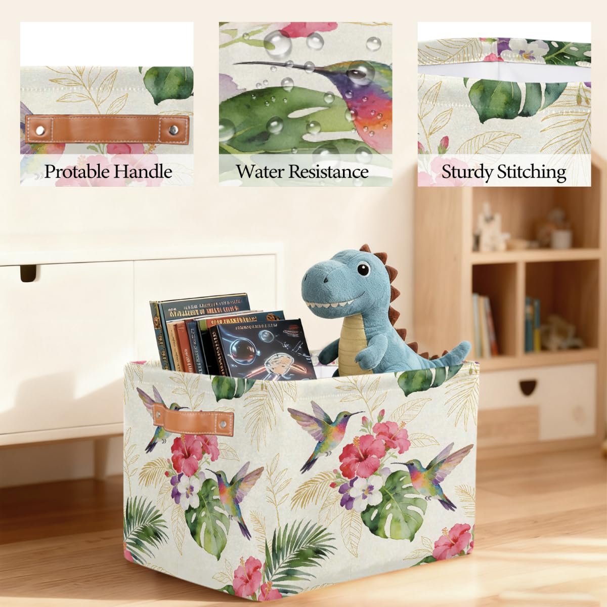 Rechteckiger Aufbewahrungskorb für den Sommer, Kolibri, Hibiskus, mit Ledergriffen, 2 Stück, faltbarer Stoff-Aufbewahrungskorb für Schrank, Badezimmer, Wohnzimmer, Büro, Spielzeug, Organizer