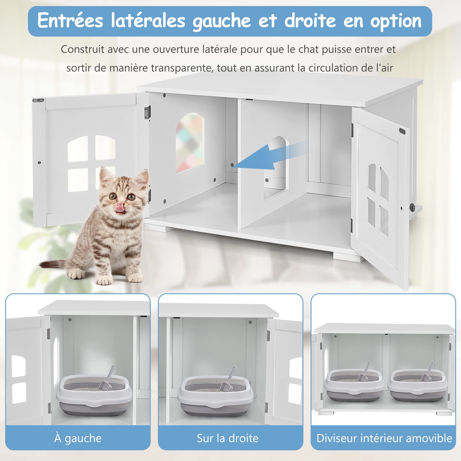 COSTWAY Maison Litiere pour Chat avec Double Portes, Meuble Litiere Chat, Fenêtres Entrée Latérale en Option Ventilée avec Couchage en Bois, Charge 20kg (Blanc)