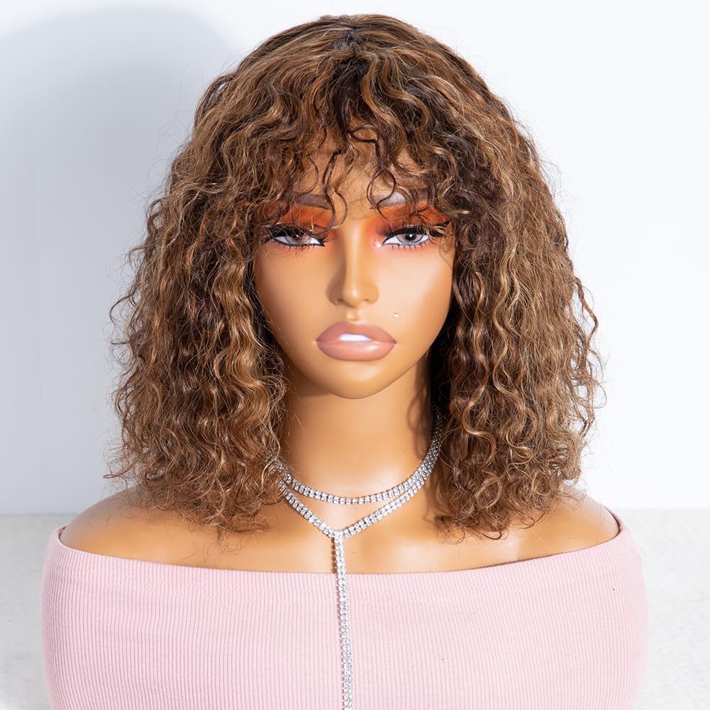 JOEDIR HAIR Highlight Brown Short Curly Wig with Bangs Human Hair for Black Women 12 inch Short Water Wave Bob Wig 150% Density Glueless Wig (Color: