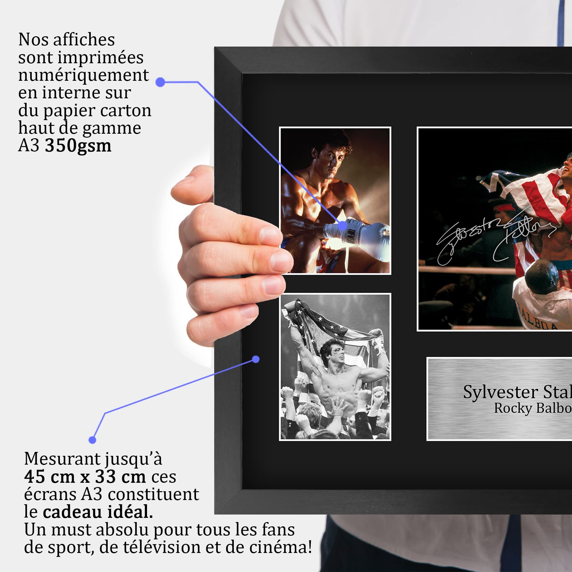 HWC Trading FR A3 Sylvester Stallone Rocky Cadeaux Imprimés Autographe Affichage d’autographes pour les fans de cinéma - A3 Encadré