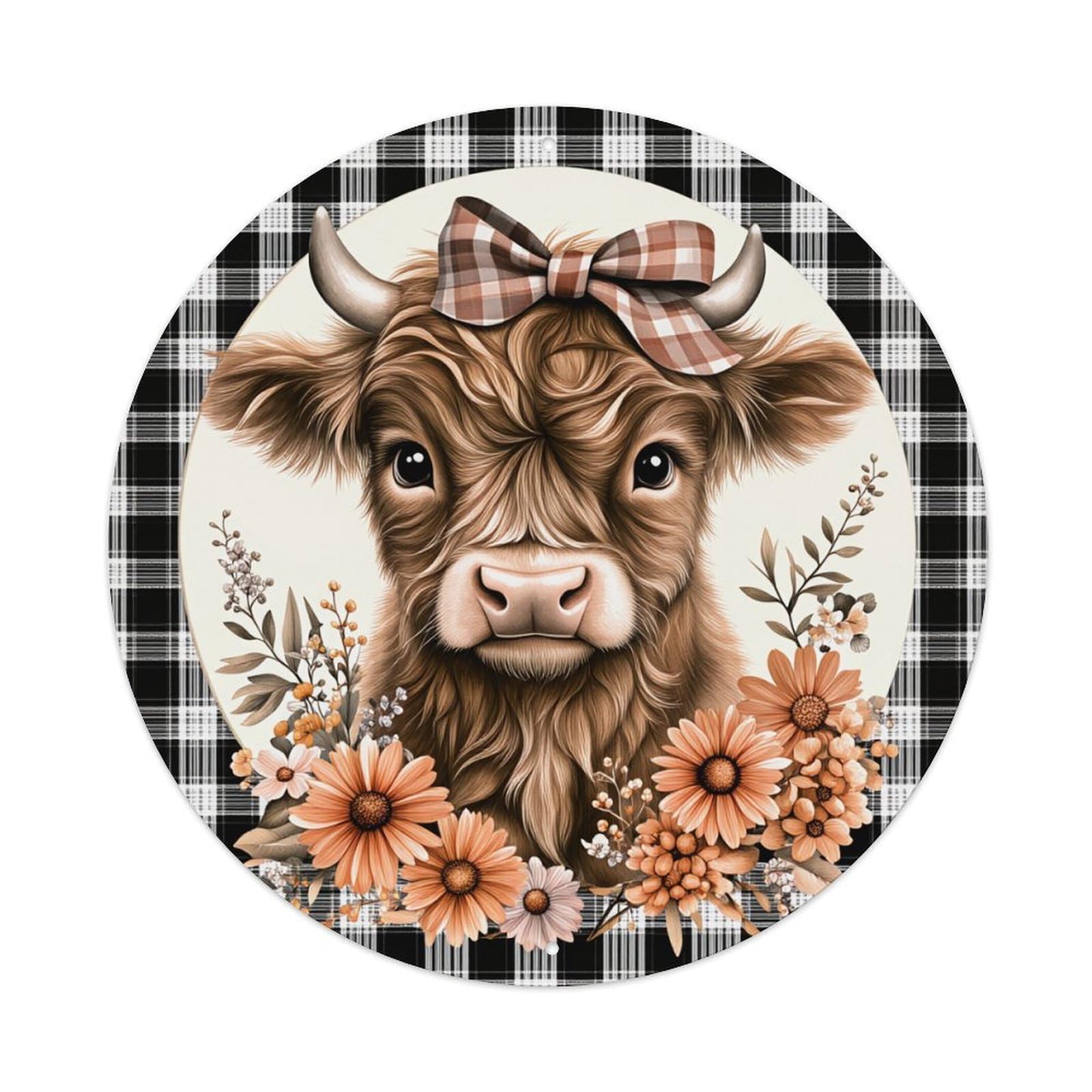 Cow With Bow And Flowers_1 Round Tin Sign Vintage Metal Poster, Home Bar Garage Man Cave Cafe Indoor & Outdoor Wall Decoration 8x8Inches