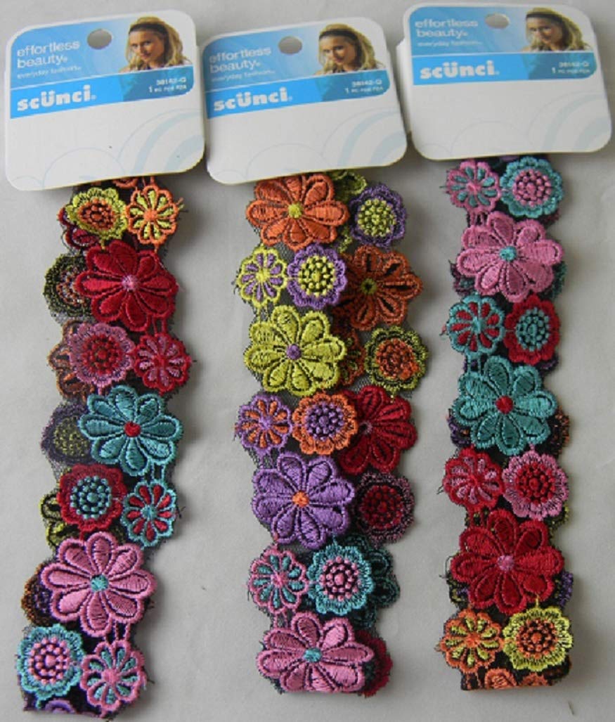 Scunci Hair Wrap Bright Color Flowers Lace Headband Hair Clips, 3 Pack