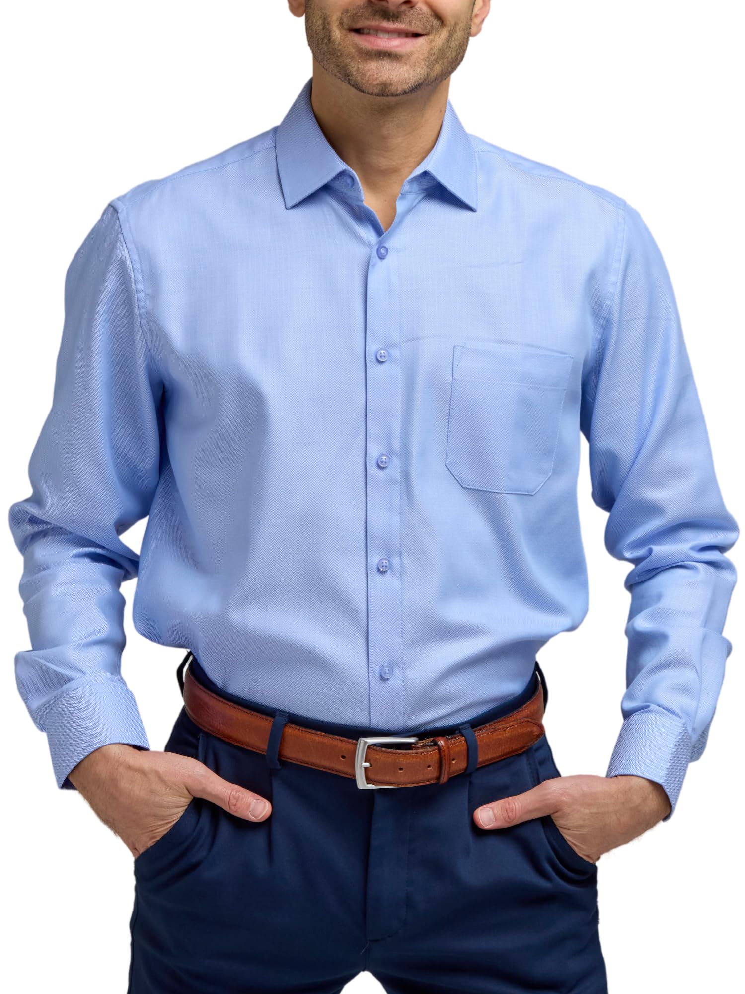 Double Two Men's Blue Herringbone Weave Long Sleeve Shirt For (Gs4232) 19.5