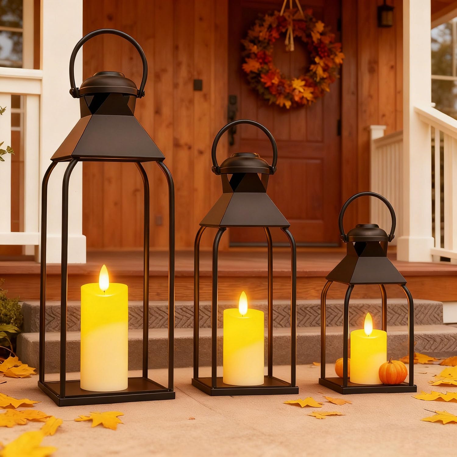 Gugxiom Farolillos de metal para interior y exterior, juego de 3 farolillos de jardín negros, sin cristal, para salón, terraza, balcón, decoración de boda de Navidad en interiores (44 + 35 + 25 cm)