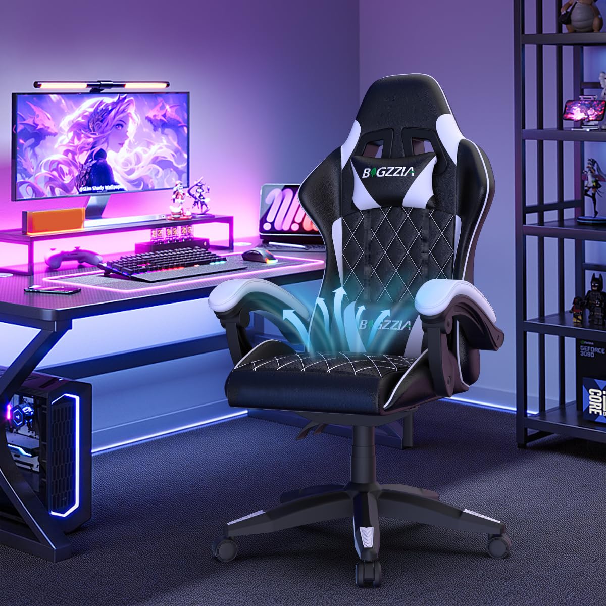 bigzzia Chaise Gaming,Fauteuil de Bureau, Ergonomique Chaise de Gaming, Coussin de Tête Ajustable, Support Lombaire, Capacité de Charge de 150 kg