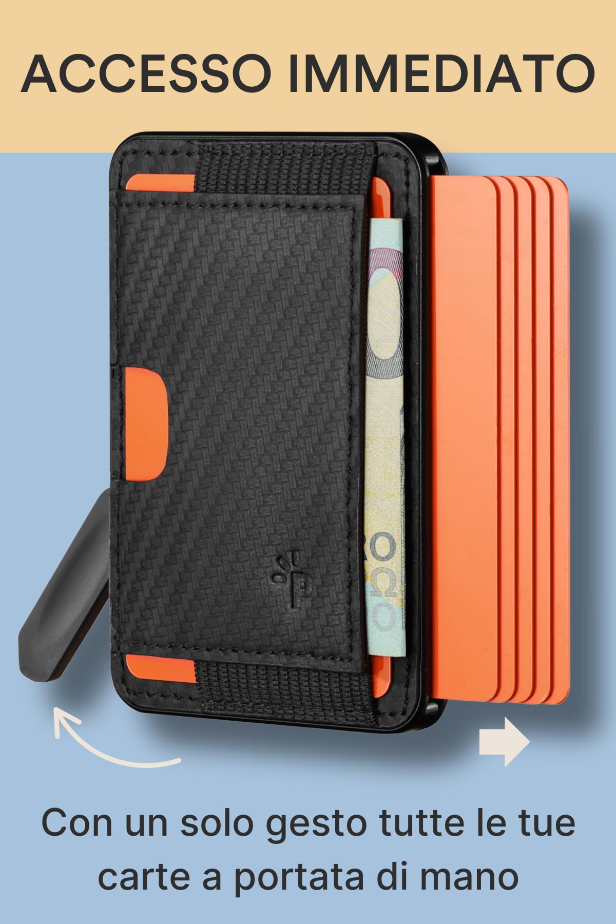 PAGONGO Portafoglio A Scatto Magsafe Apple, per 7 Carte, Wallet, Accessori Magsafe, Portacarte (Con Tasca in Pelle, e Anello Magnetico) - Fibra di Carbonio